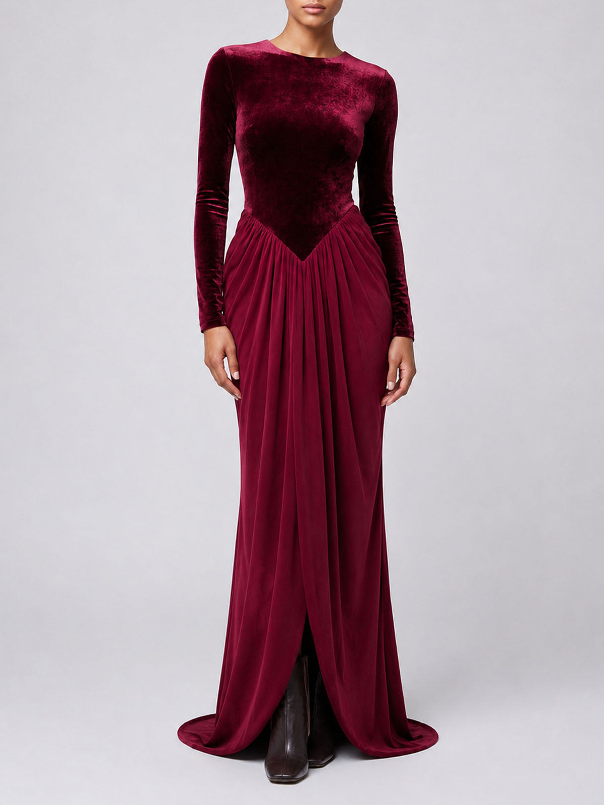 Opulent Velvet Panel Drop Waist Draped Formal Maxi Dress - Burgundy