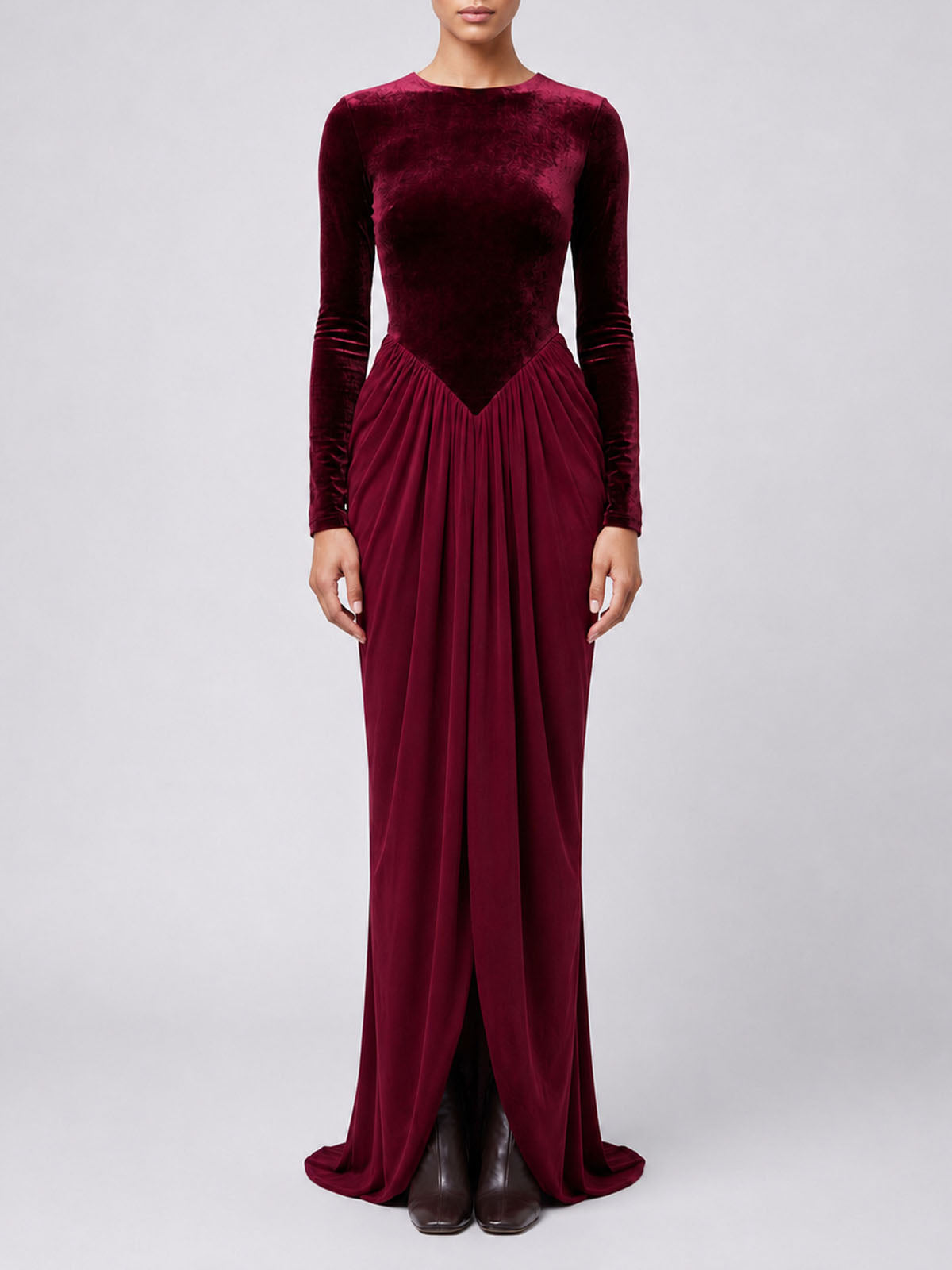 Opulent Velvet Panel Drop Waist Draped Formal Maxi Dress - Burgundy