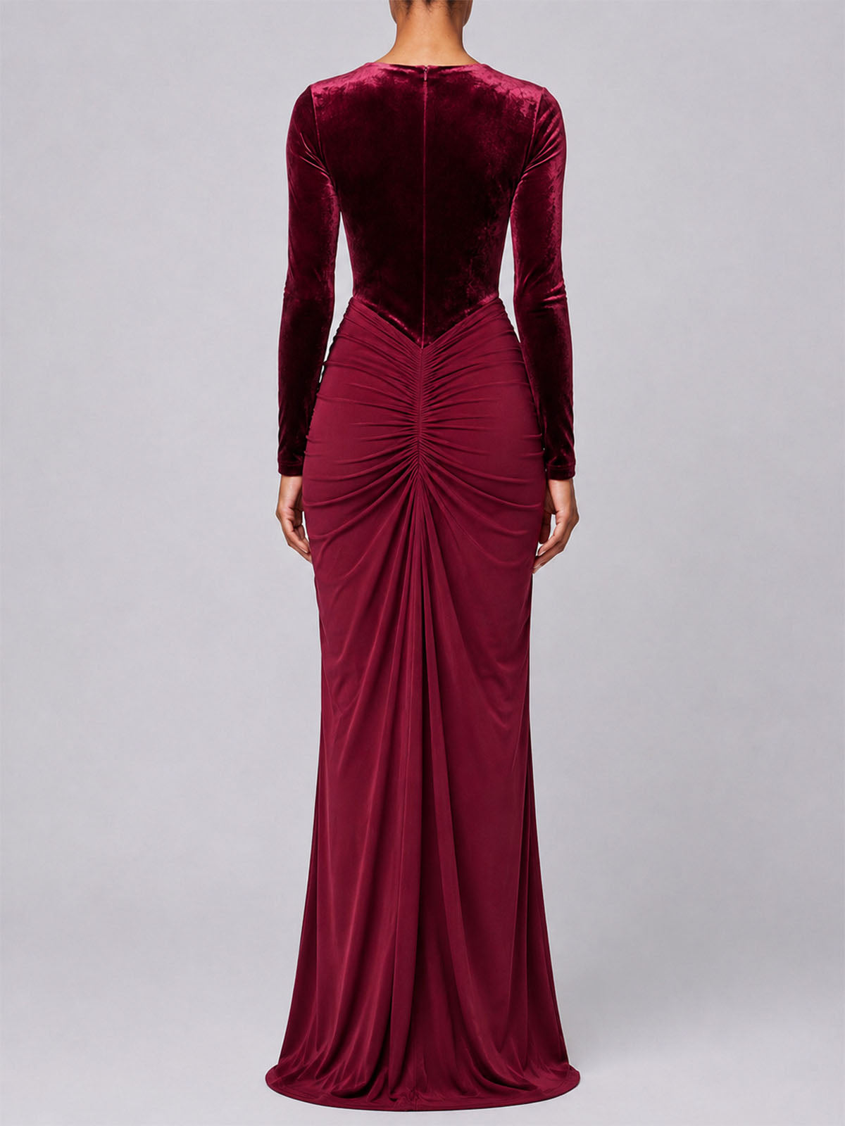 Opulent Velvet Panel Drop Waist Draped Formal Maxi Dress - Burgundy