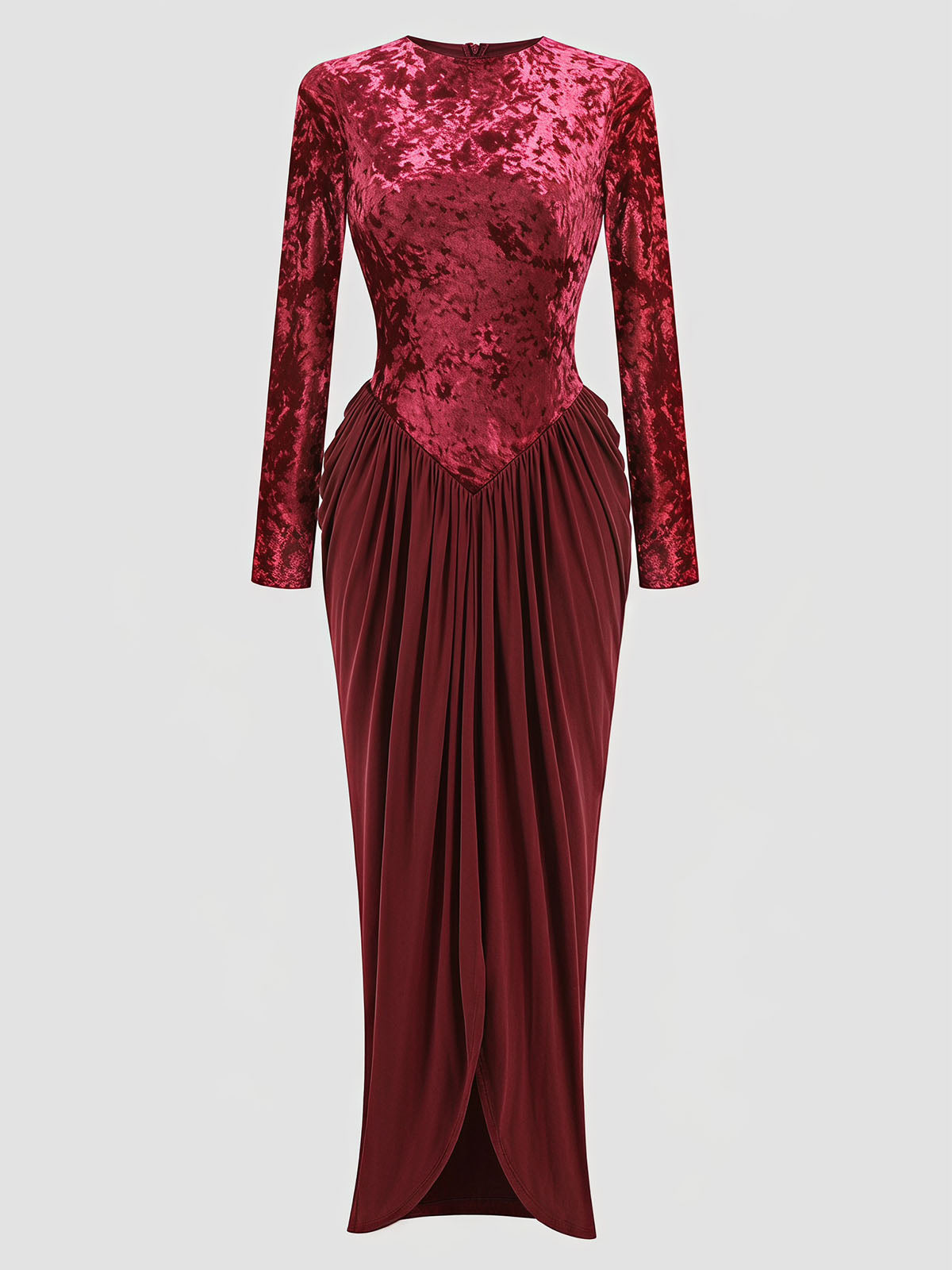 Opulent Velvet Panel Drop Waist Draped Formal Maxi Dress - Burgundy