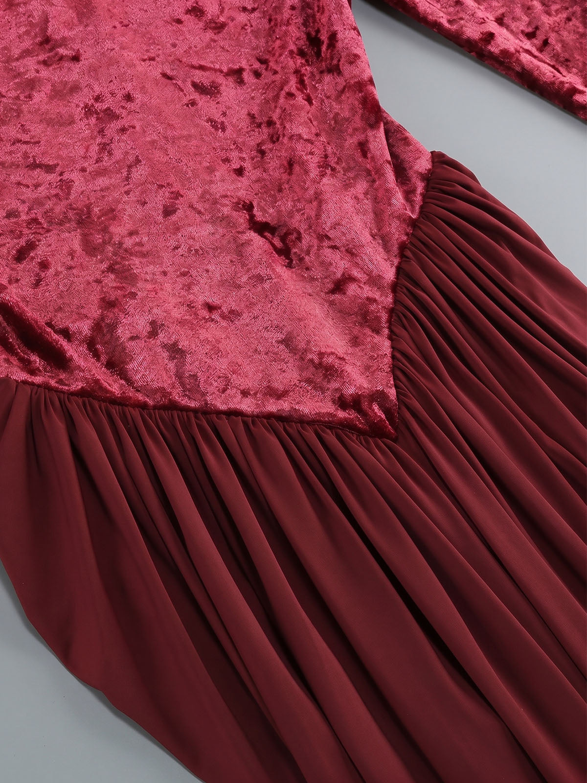 Opulent Velvet Panel Drop Waist Draped Formal Maxi Dress - Burgundy