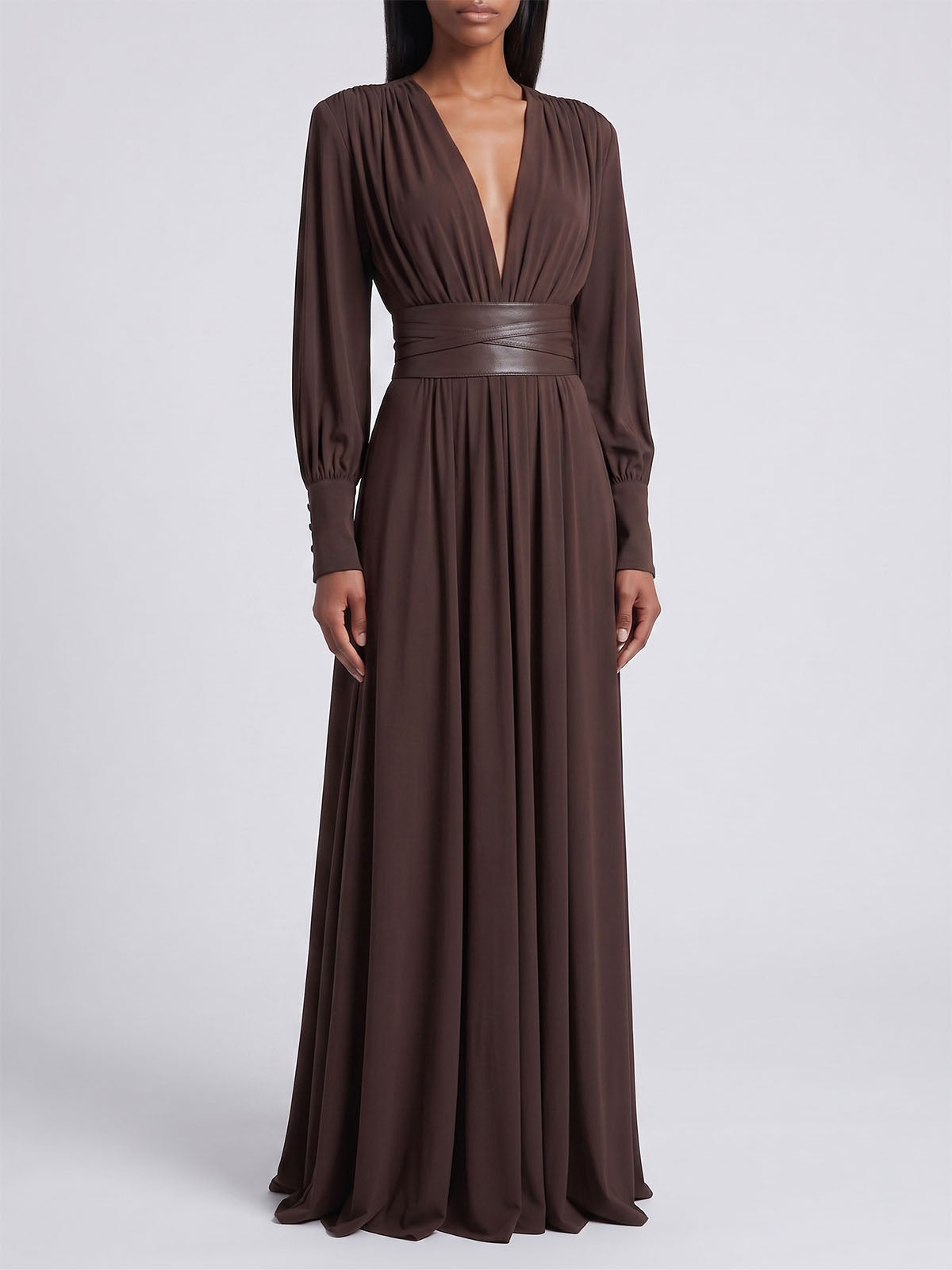 Powerful Deep V Padded Long Sleeve Belted Formal Maxi Dress - Coffee