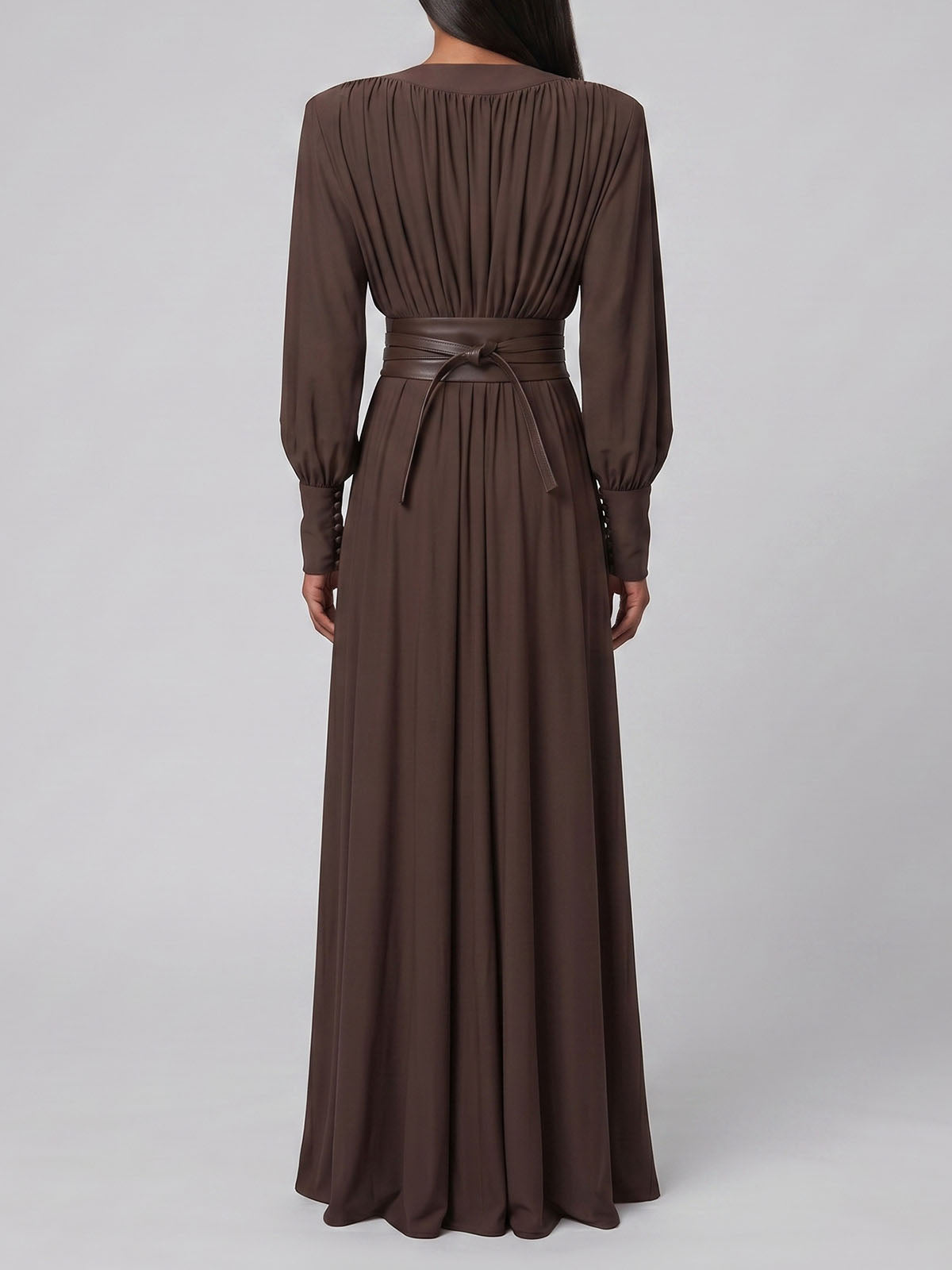 Powerful Deep V Padded Long Sleeve Belted Formal Maxi Dress - Coffee