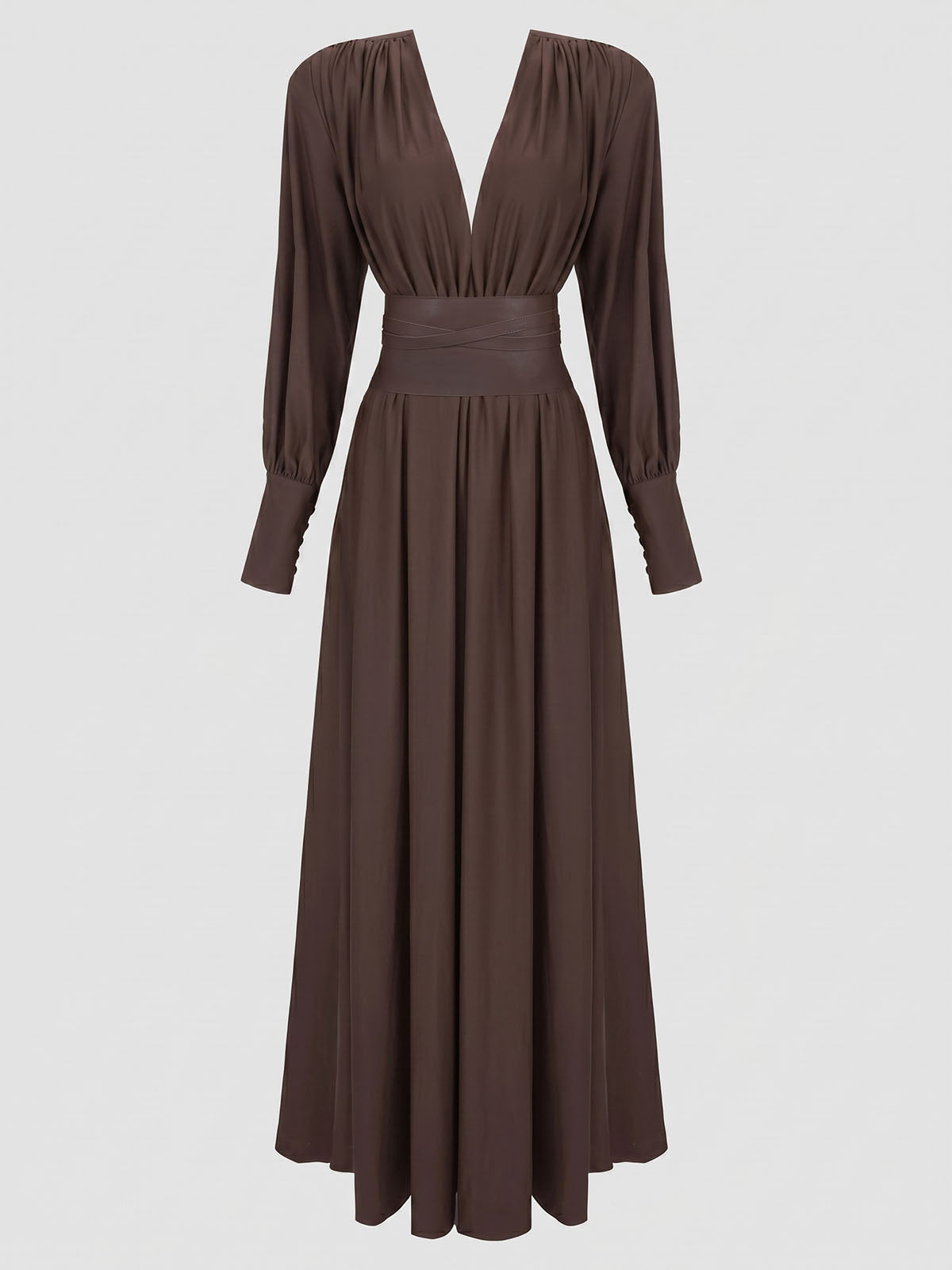 Powerful Deep V Padded Long Sleeve Belted Formal Maxi Dress - Coffee