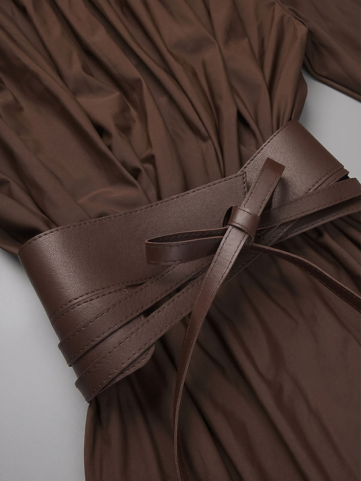 Powerful Deep V Padded Long Sleeve Belted Formal Maxi Dress - Coffee