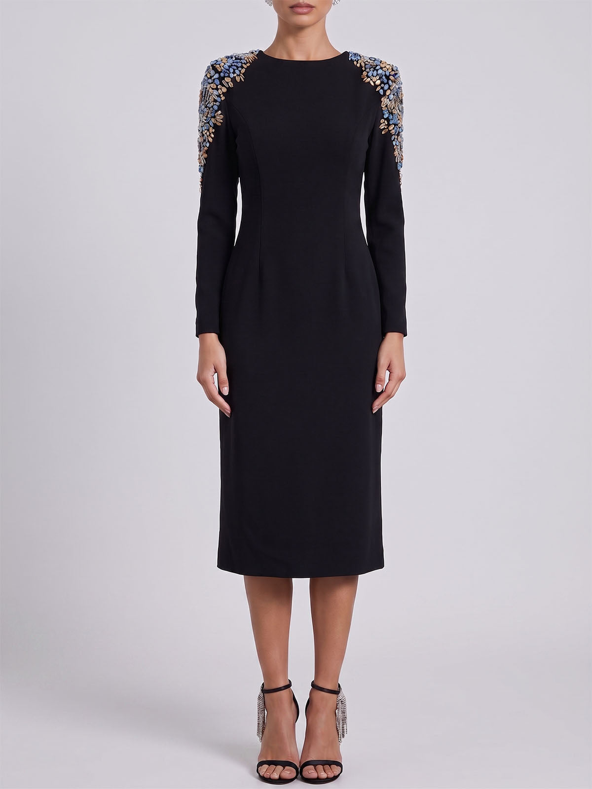 Radiant Crystal Embellished Long Sleeve Cocktail Midi Dress - Black