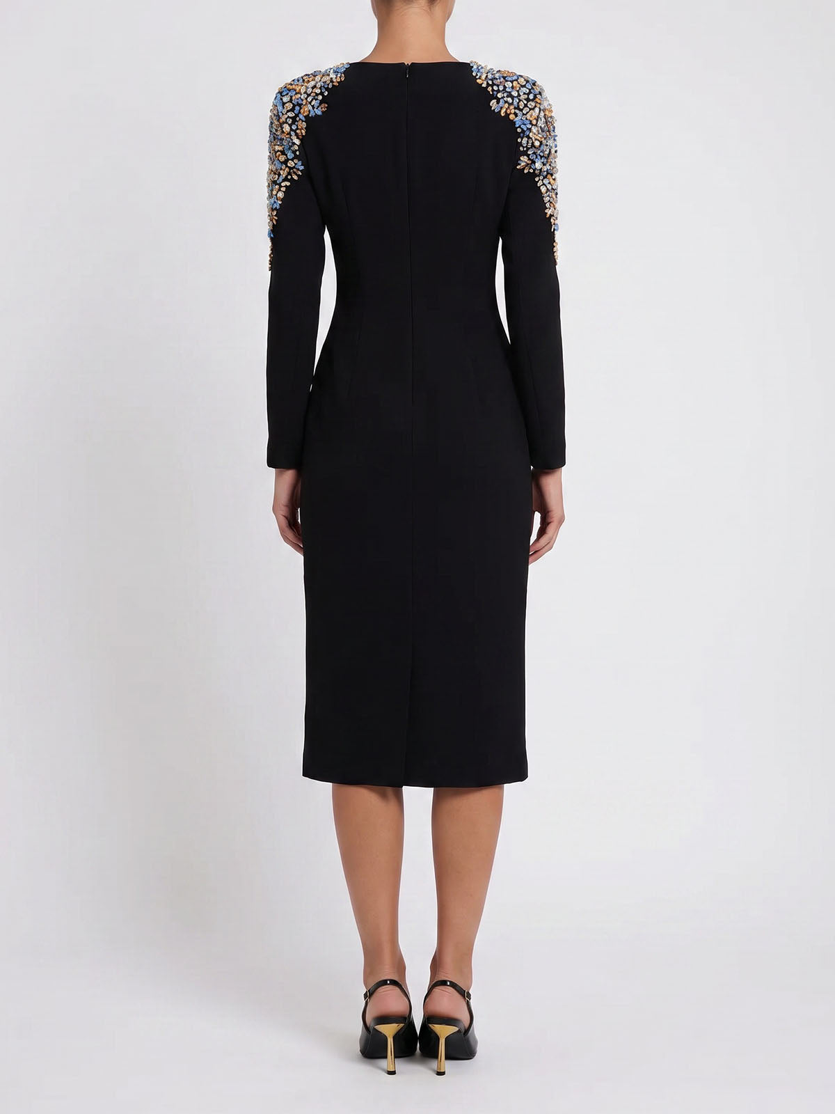 Radiant Crystal Embellished Long Sleeve Cocktail Midi Dress - Black