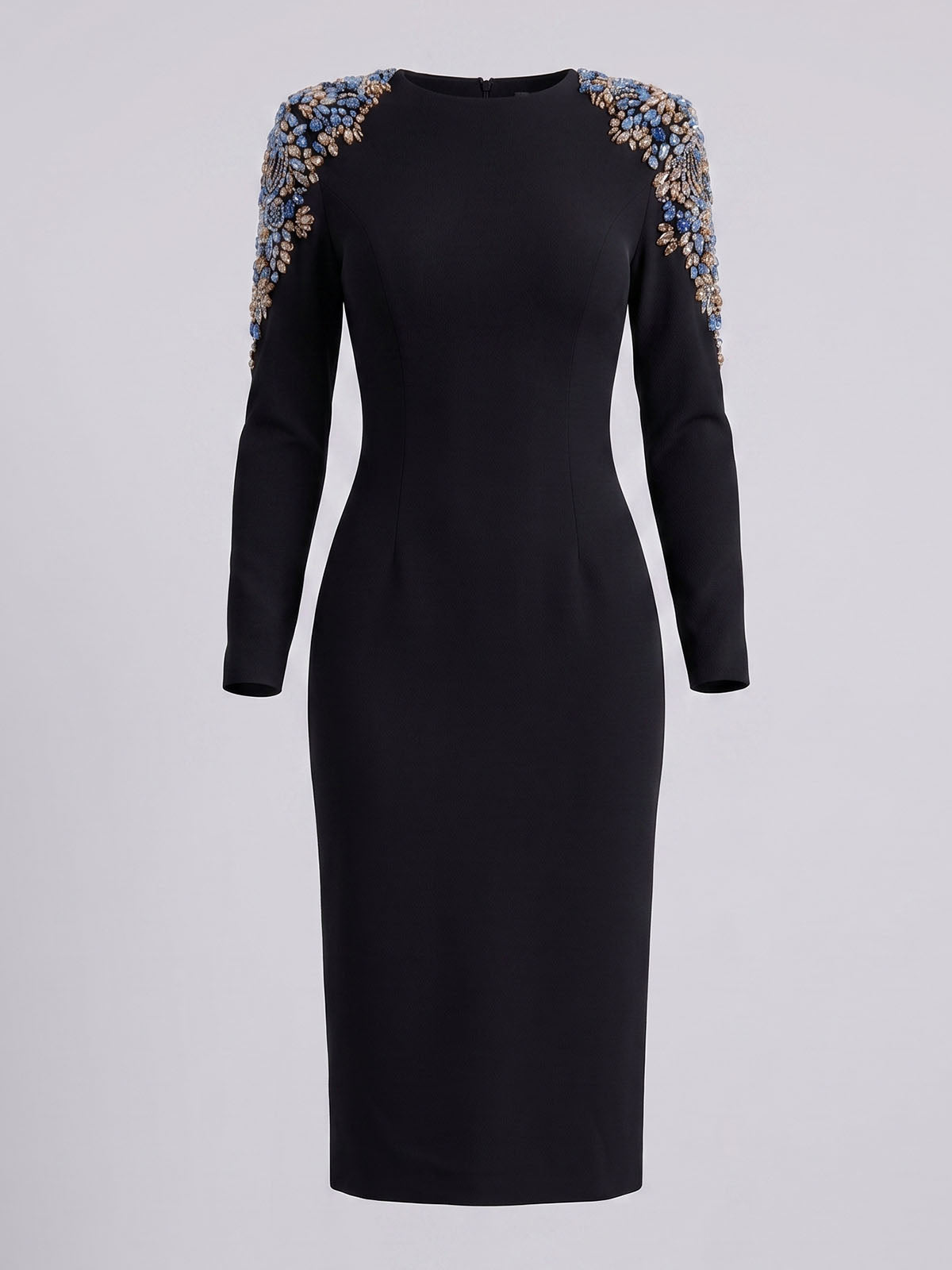 Radiant Crystal Embellished Long Sleeve Cocktail Midi Dress - Black