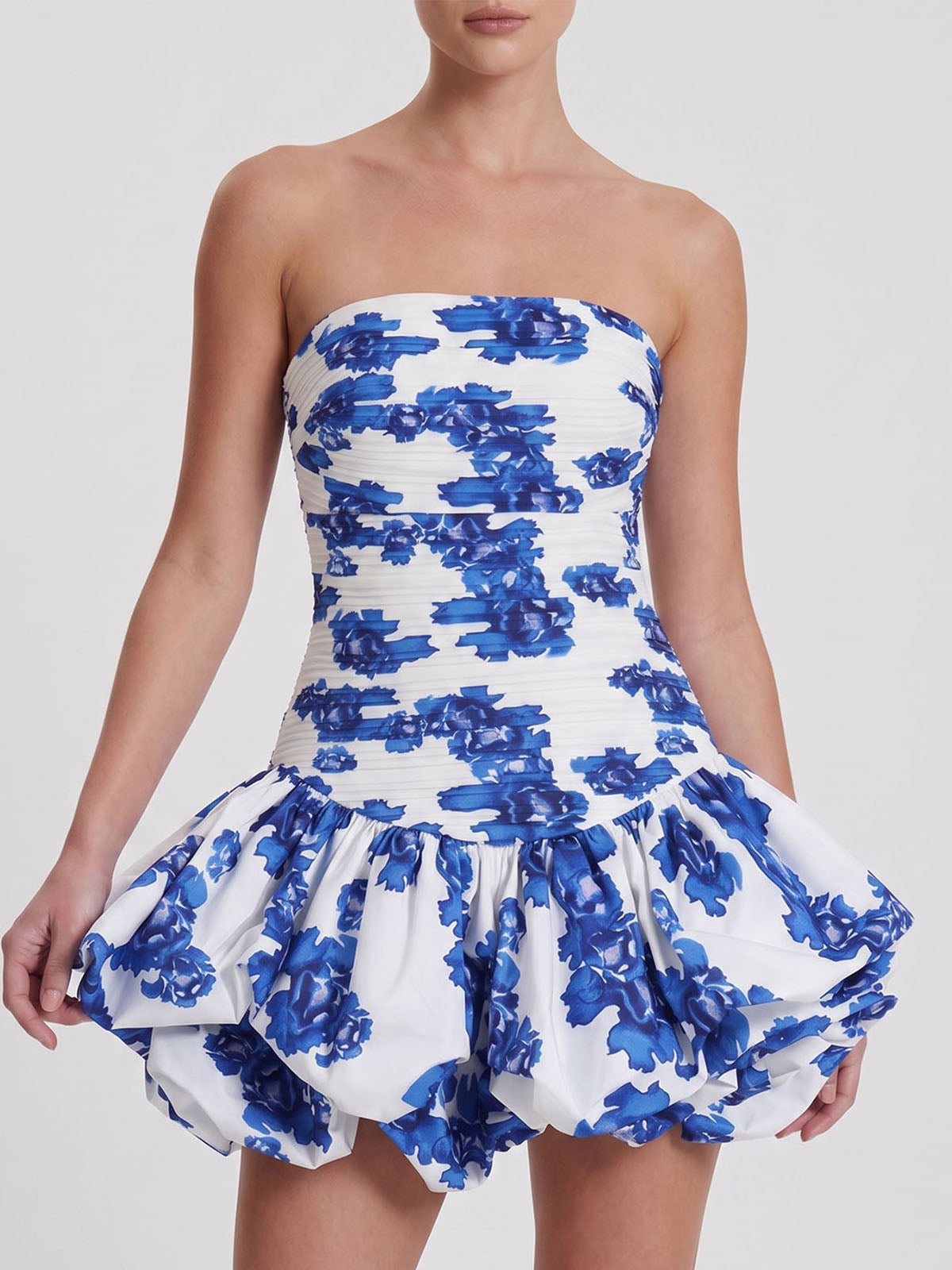 Breezy Strapless Pleated Smocked Bubble Floral Mini Dress - Blue