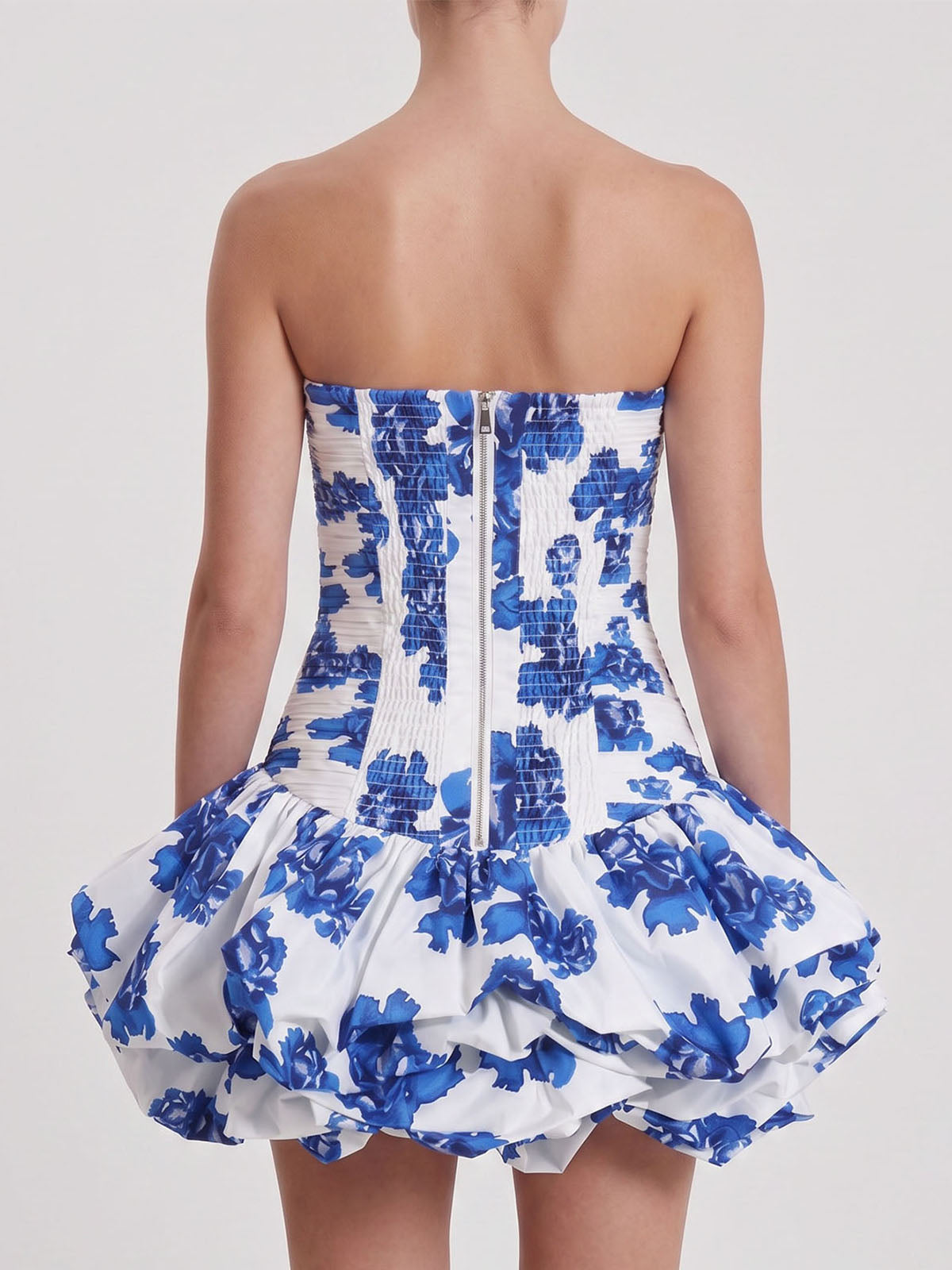 Breezy Strapless Pleated Smocked Bubble Floral Mini Dress - Blue