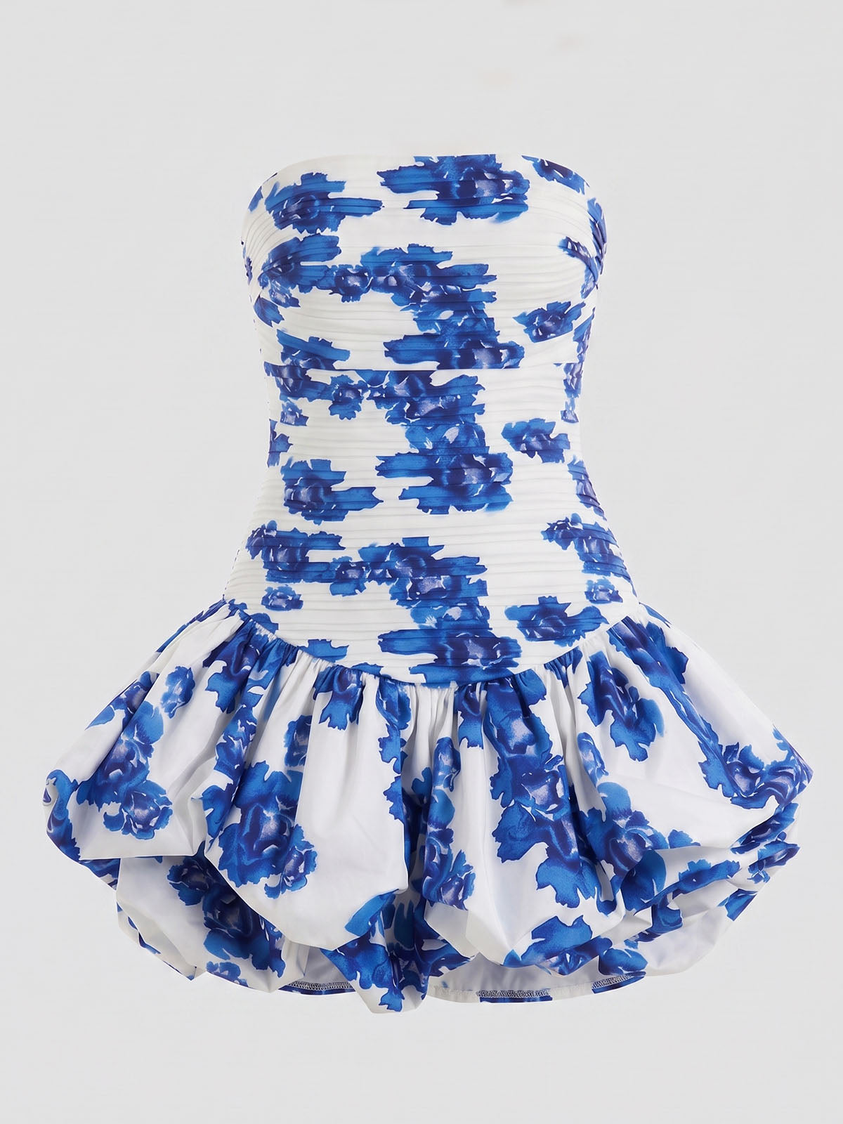 Breezy Strapless Pleated Smocked Bubble Floral Mini Dress - Blue