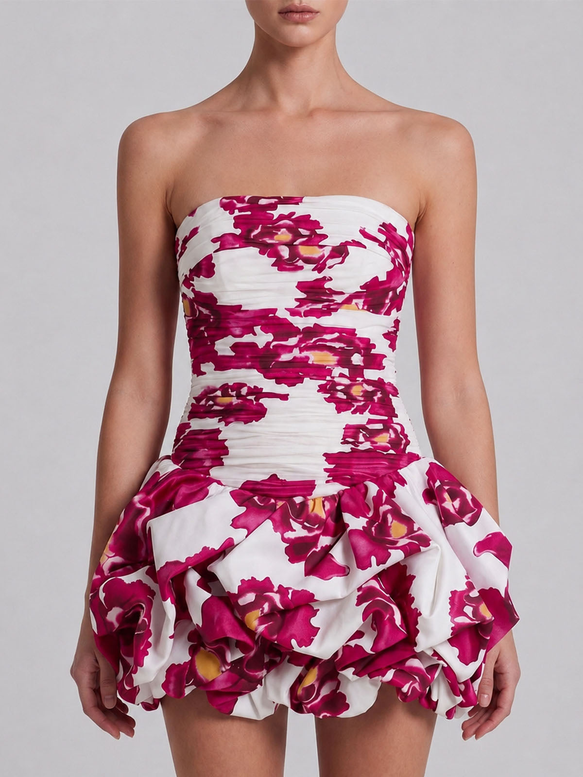 Breezy Strapless Ruched Smocked Bubble Floral Mini Dress - Hot Pink