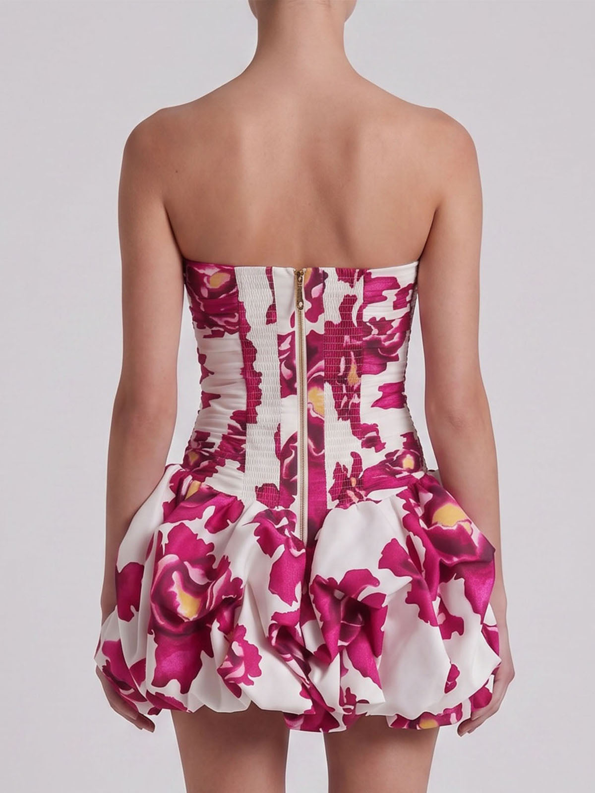 Breezy Strapless Ruched Smocked Bubble Floral Mini Dress - Hot Pink
