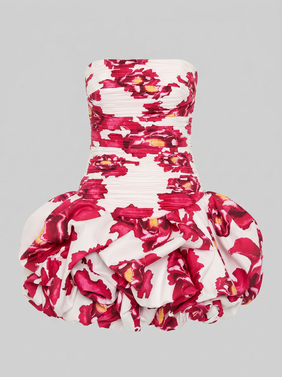 Breezy Strapless Ruched Smocked Bubble Floral Mini Dress - Hot Pink
