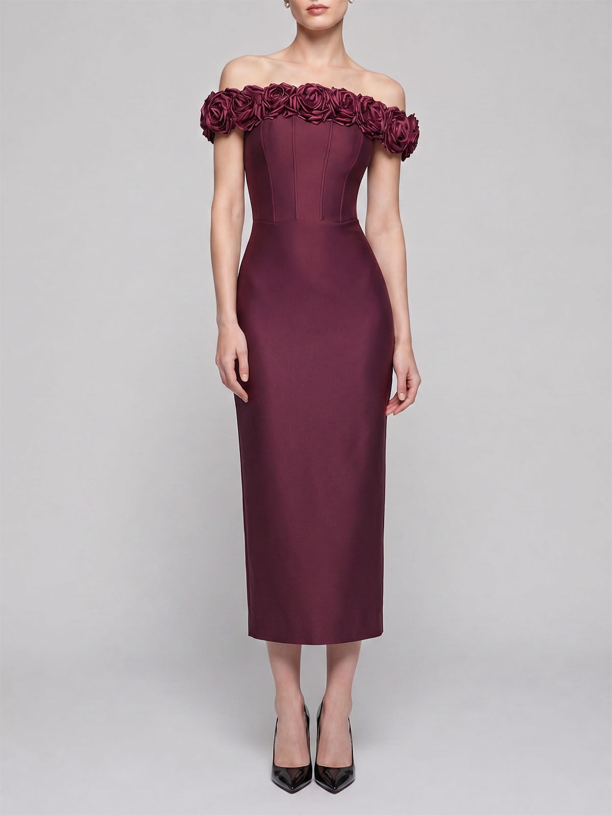 Romantic 3D Flower Off Shoulder Bandage Cocktail Midi Dress - Burgundy
