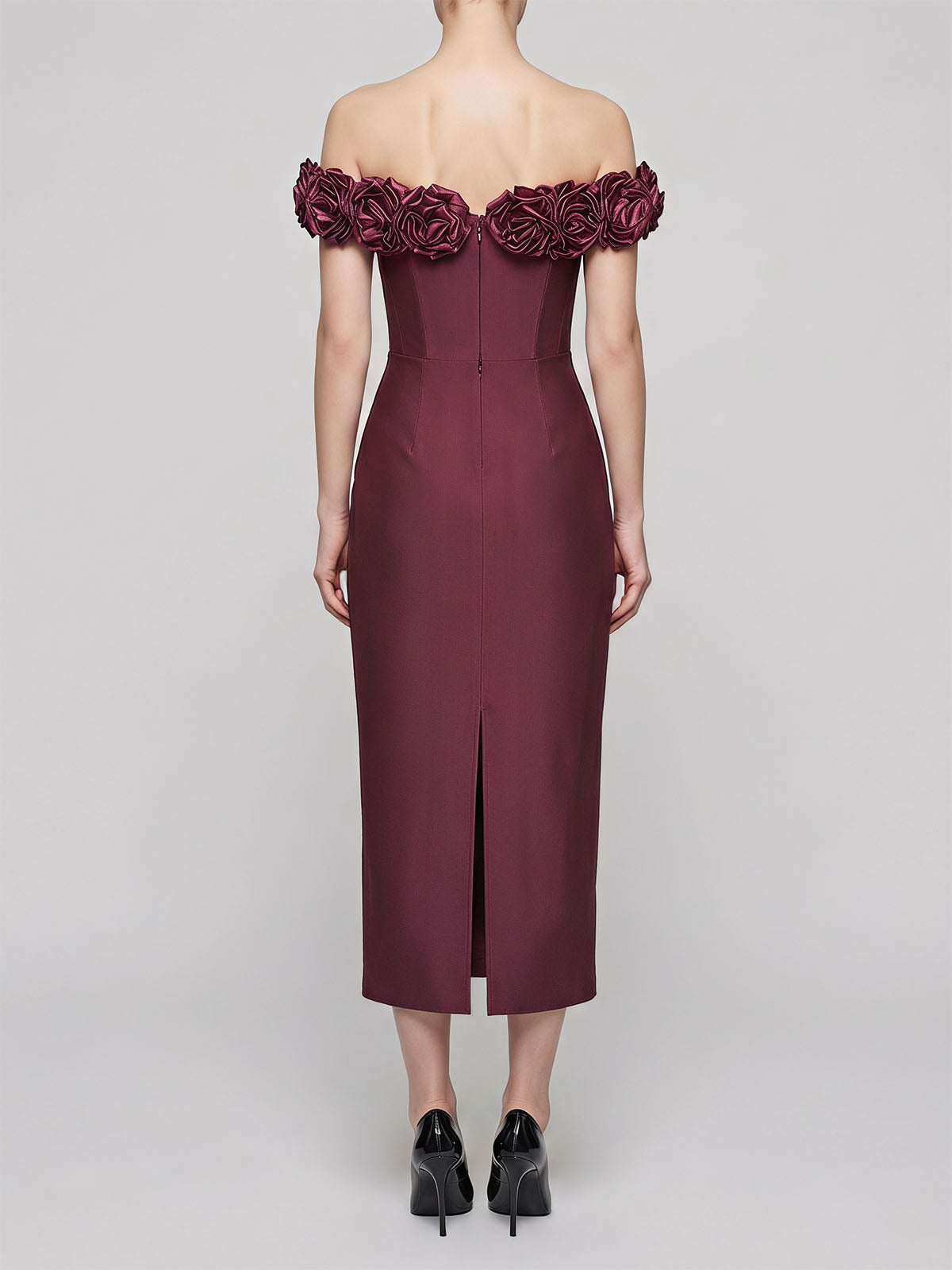 Romantic 3D Flower Off Shoulder Bandage Cocktail Midi Dress - Burgundy