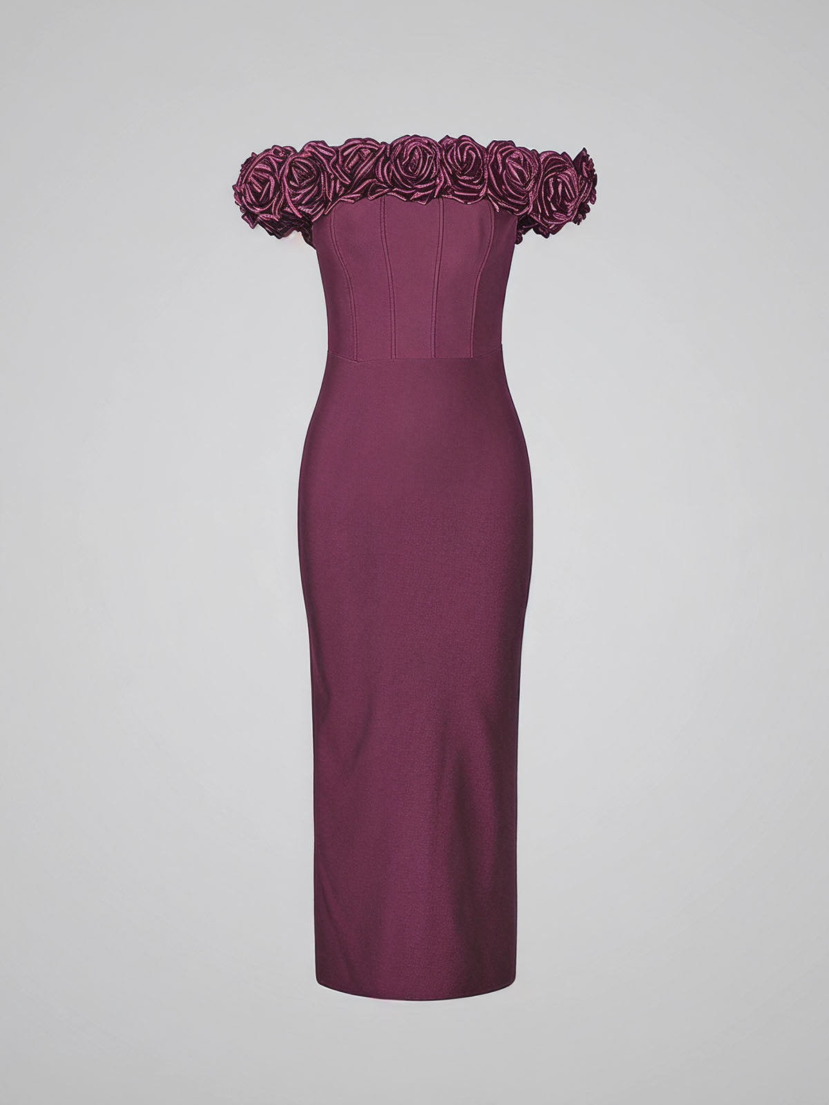 Romantic 3D Flower Off Shoulder Bandage Cocktail Midi Dress - Burgundy