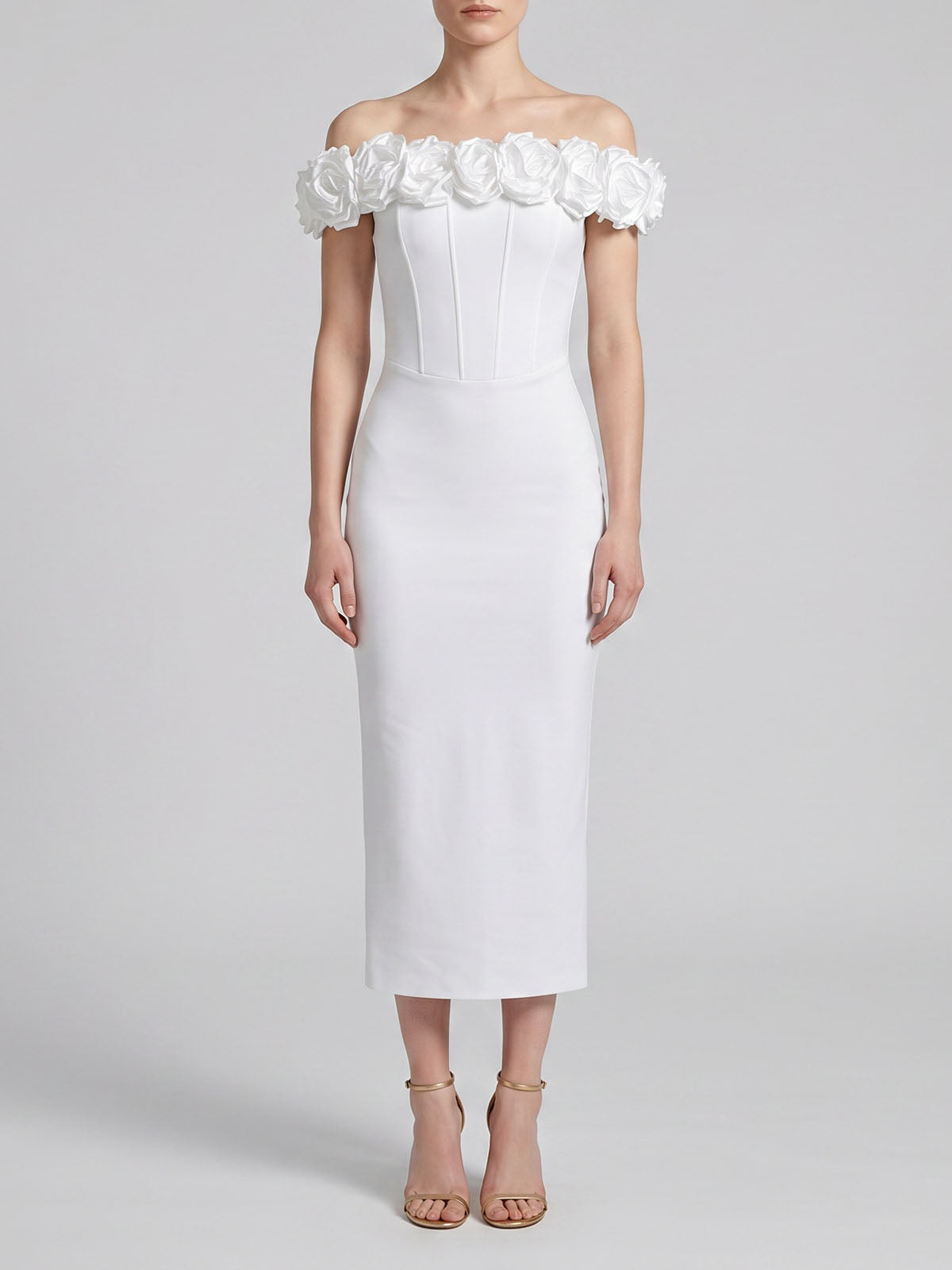Romantic 3D Flower Off Shoulder Bandage Cocktail Midi Dress - White