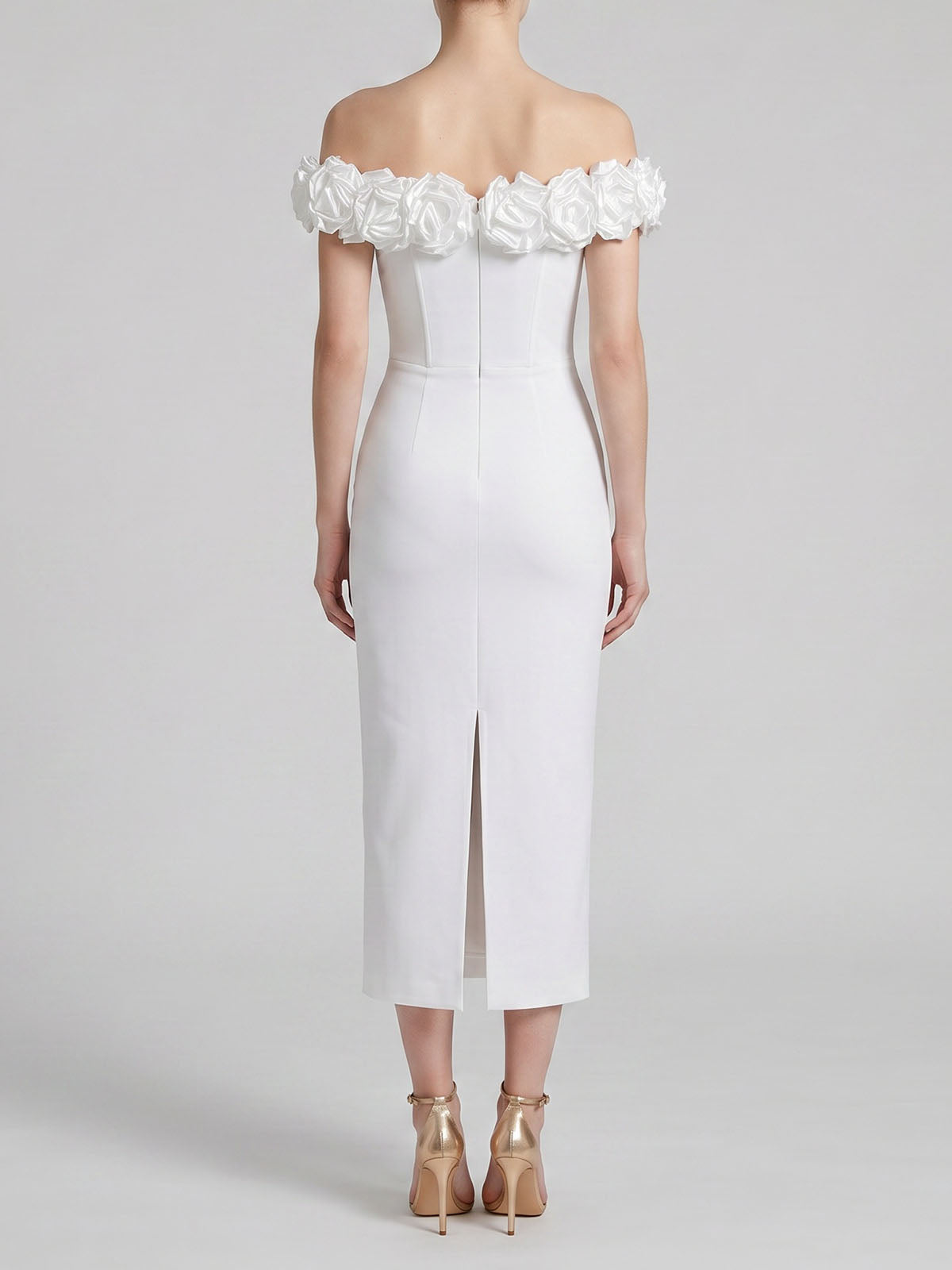 Romantic 3D Flower Off Shoulder Bandage Cocktail Midi Dress - White