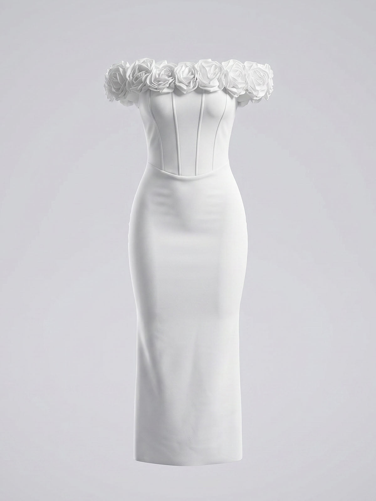 Romantic 3D Flower Off Shoulder Bandage Cocktail Midi Dress - White