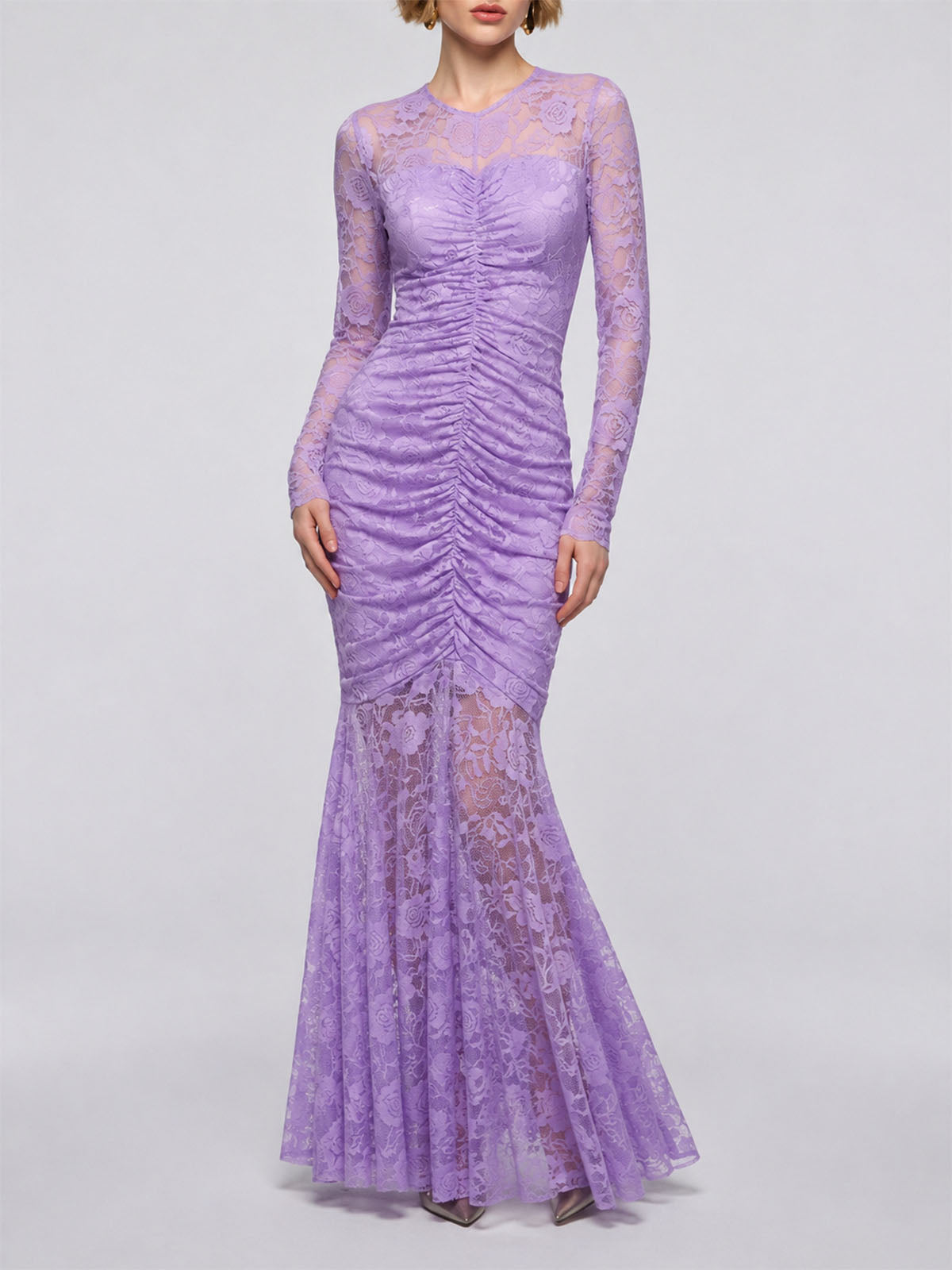 Romantic Long Sleeve Ruched Mermaid Lace Formal Maxi Dress - Purple