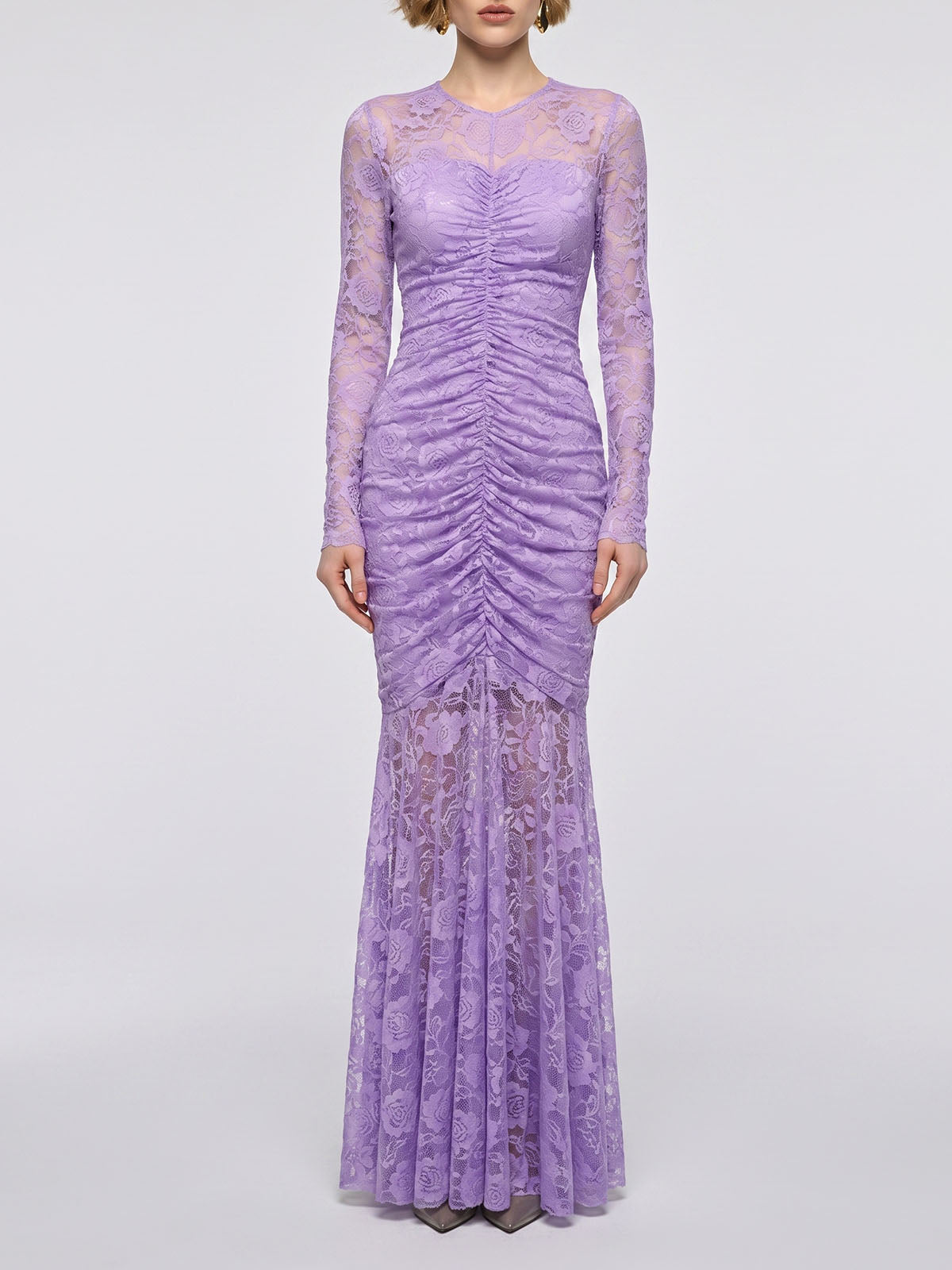 Romantic Long Sleeve Ruched Mermaid Lace Formal Maxi Dress - Purple