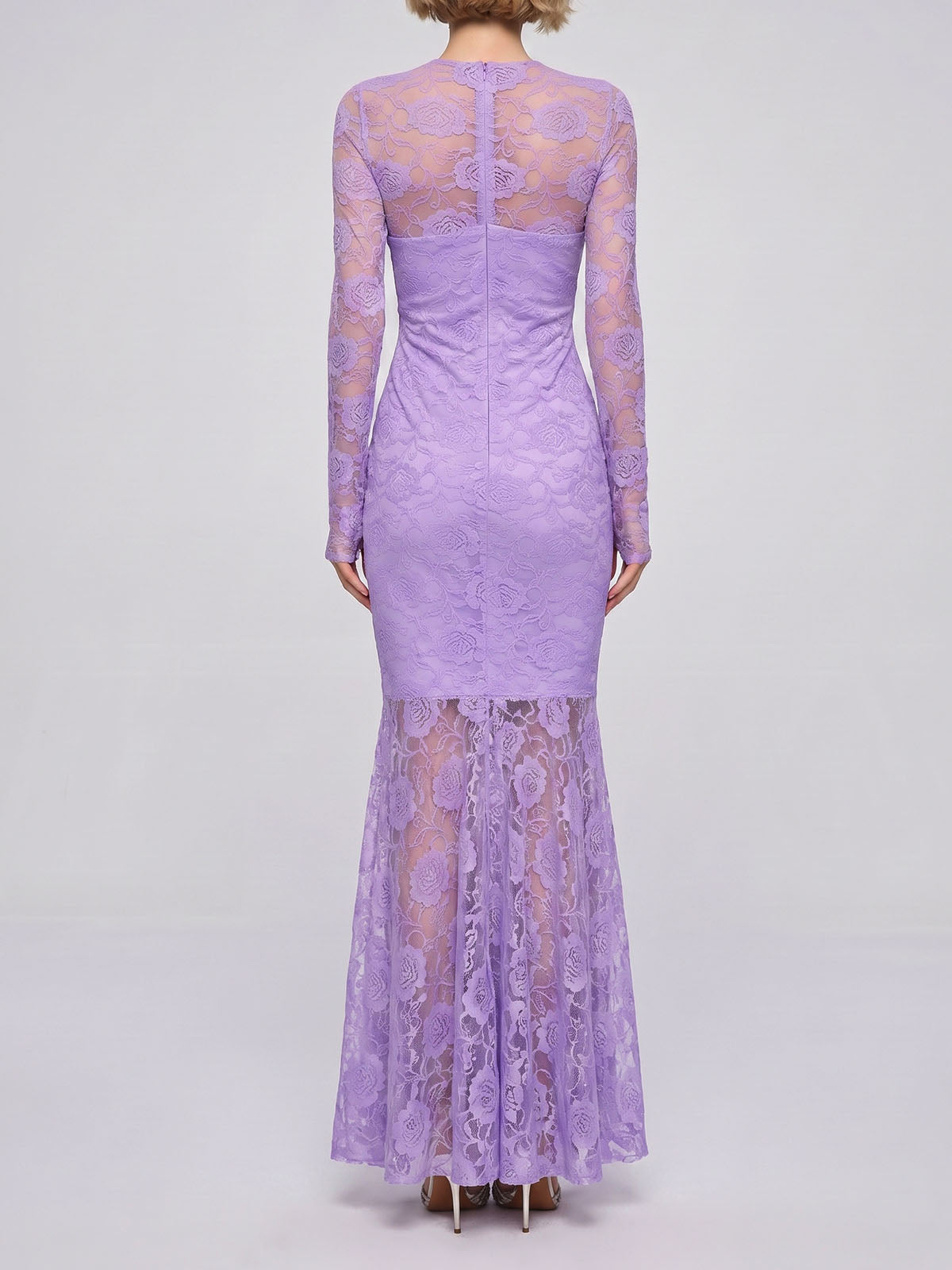 Romantic Long Sleeve Ruched Mermaid Lace Formal Maxi Dress - Purple
