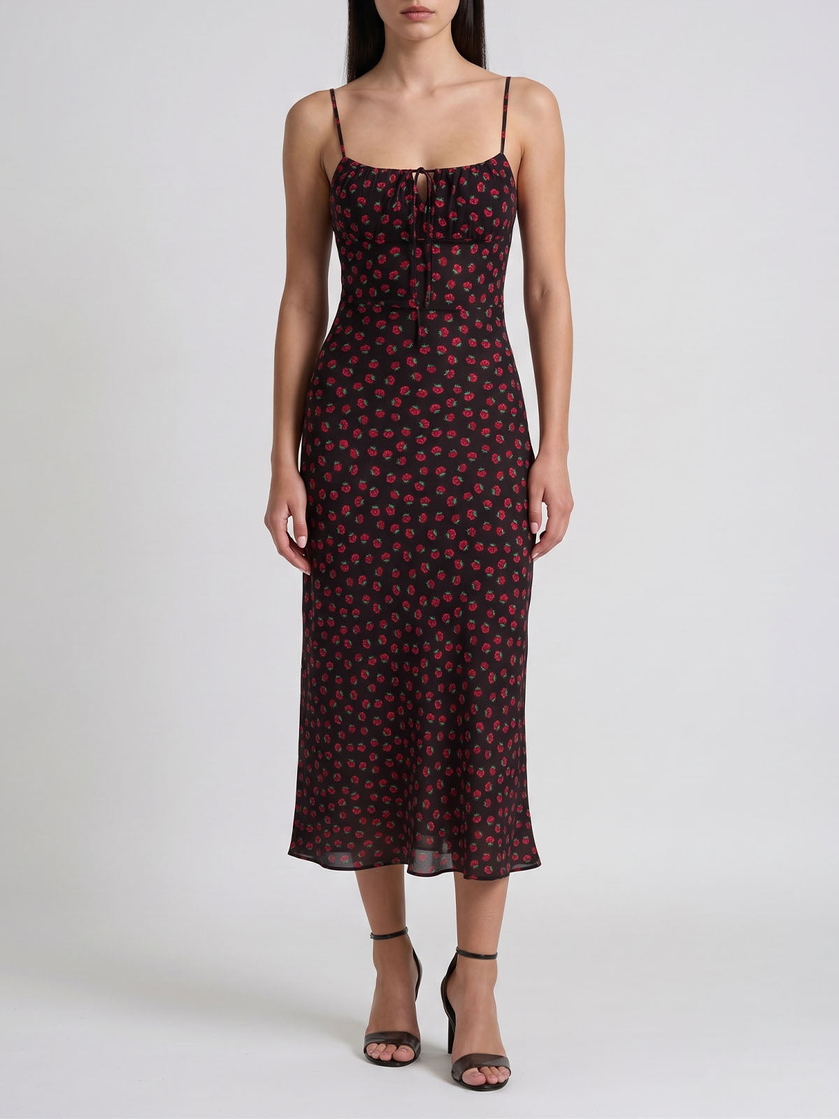Romantic Rose Tie Neck Bias Silk Crepe Slip Midi Dress - Black