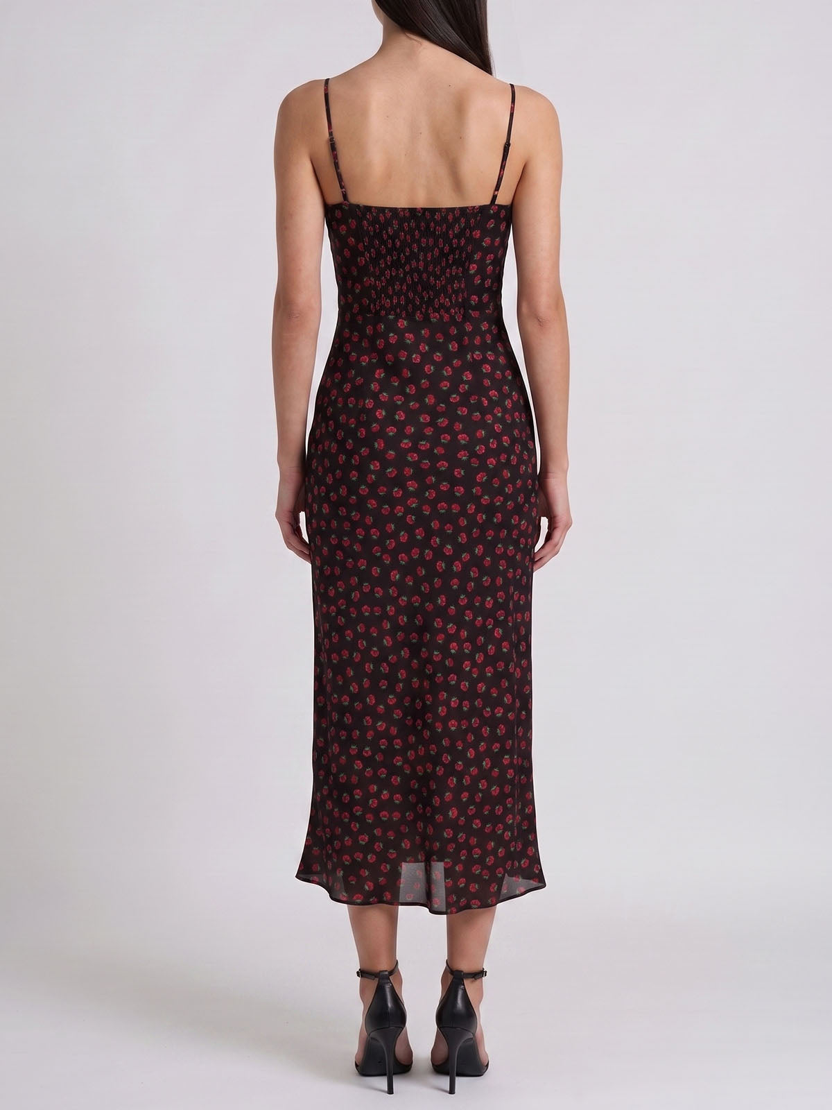 Romantic Rose Tie Neck Bias Silk Crepe Slip Midi Dress - Black