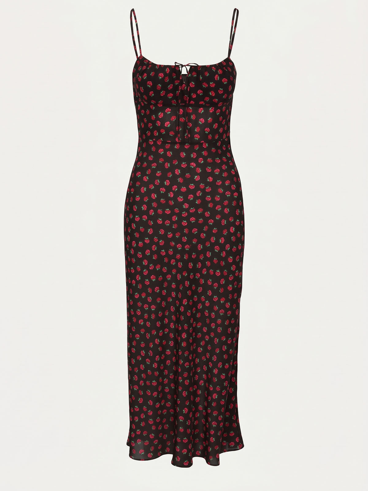 Romantic Rose Tie Neck Bias Silk Crepe Slip Midi Dress - Black