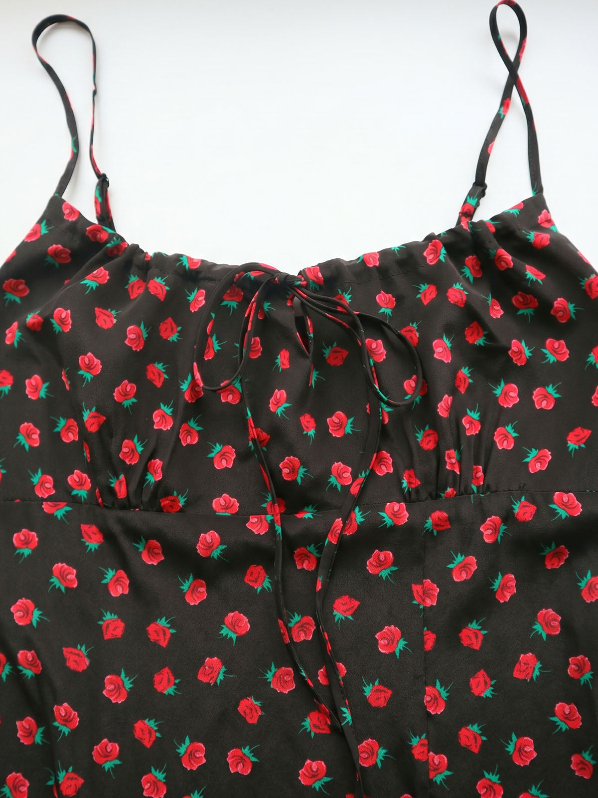Romantic Rose Tie Neck Bias Silk Crepe Slip Midi Dress - Black