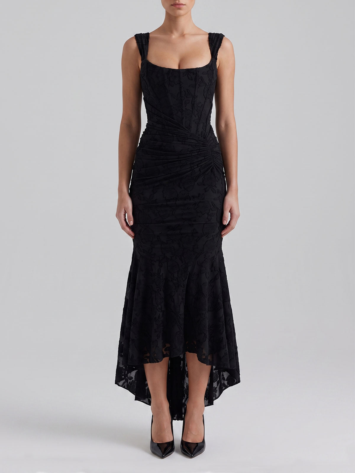 Romantic Sleeveless Corset Ruched Floral Mesh High Low Dress - Black