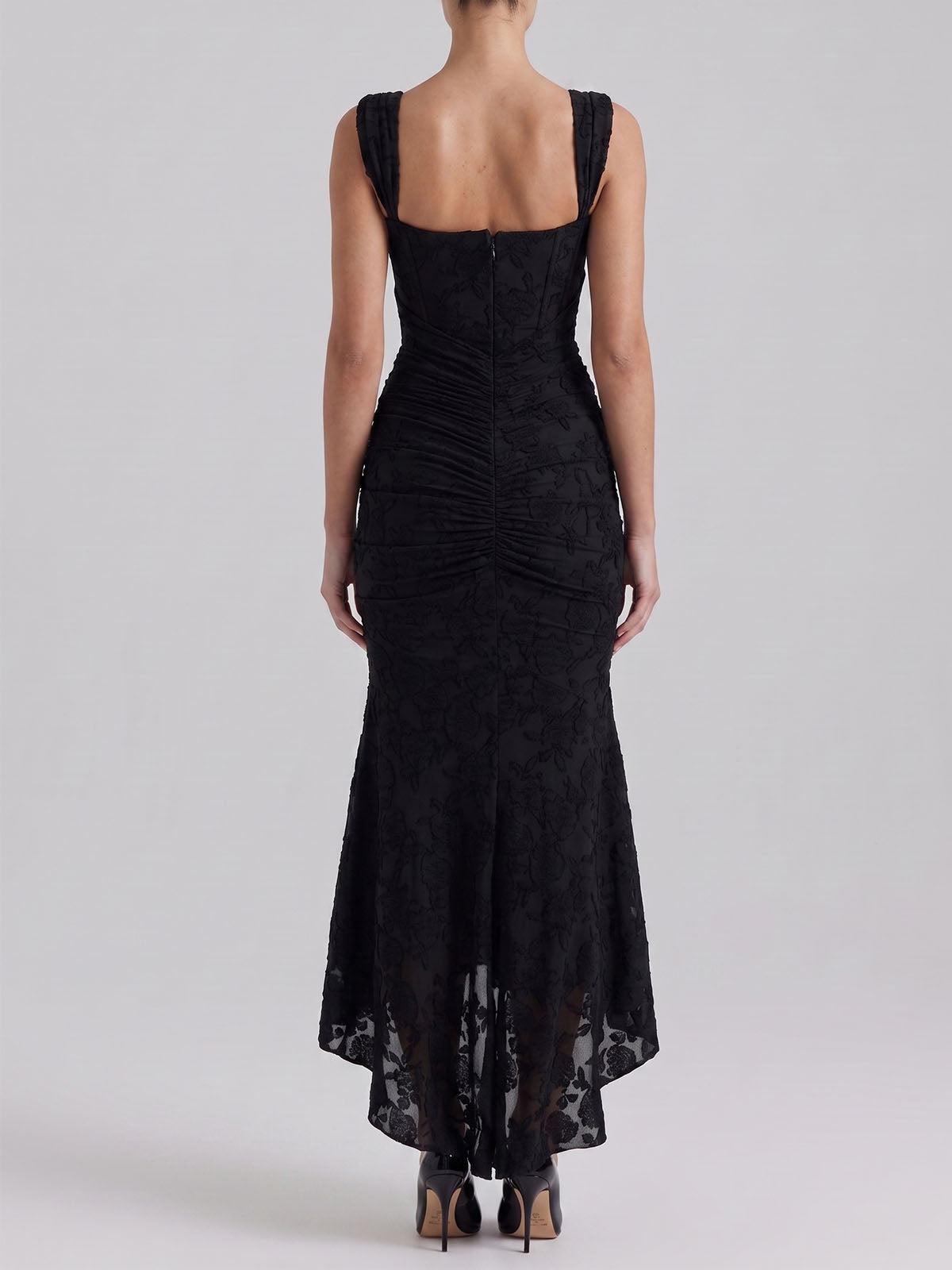 Romantic Sleeveless Corset Ruched Floral Mesh High Low Dress - Black