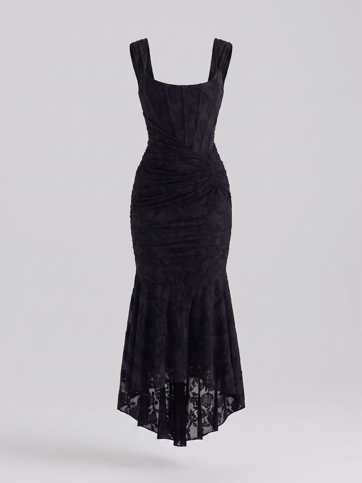 Romantic Sleeveless Corset Ruched Floral Mesh High Low Dress - Black