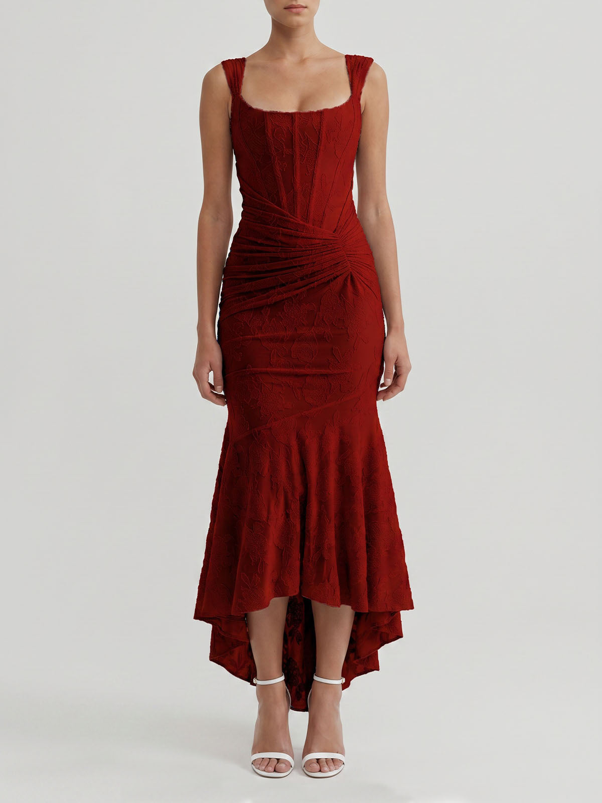 Romantic Sleeveless Corset Ruched Floral Mesh High Low Dress - Burgundy