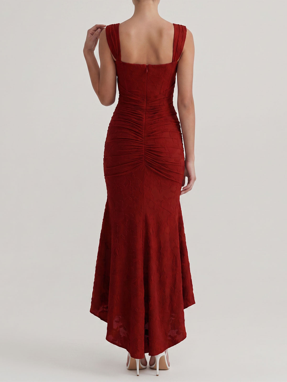 Romantic Sleeveless Corset Ruched Floral Mesh High Low Dress - Burgundy