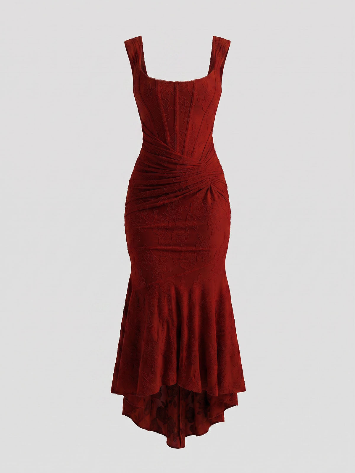 Romantic Sleeveless Corset Ruched Floral Mesh High Low Dress - Burgundy