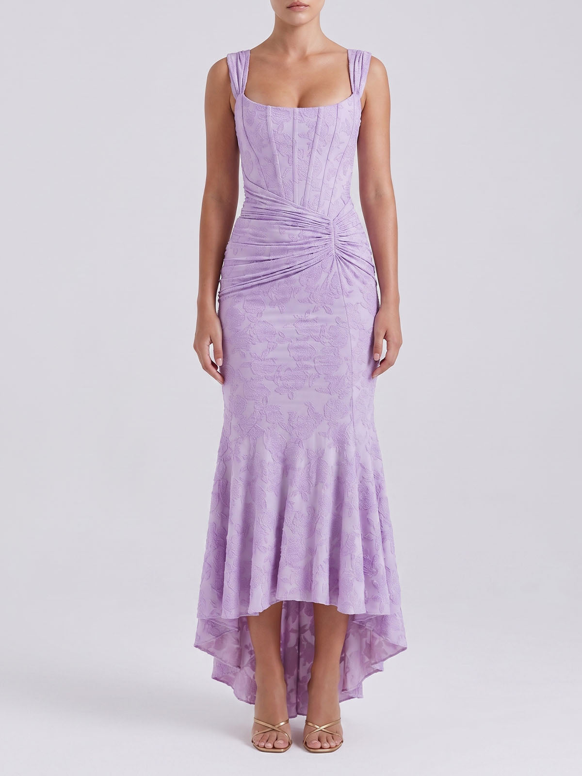 Romantic Sleeveless Corset Ruched Floral Mesh High Low Dress - Lavender