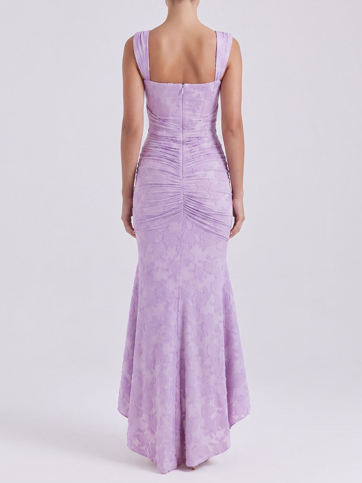 Romantic Sleeveless Corset Ruched Floral Mesh High Low Dress - Lavender