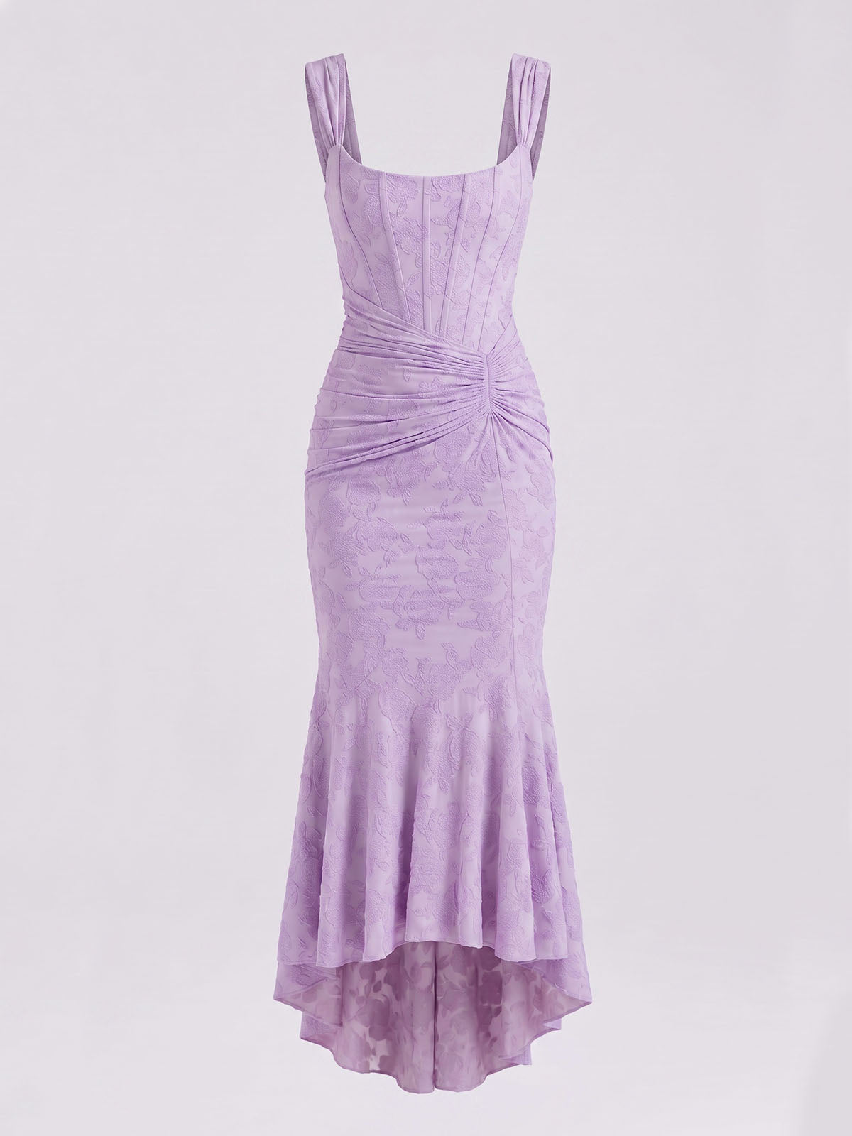 Romantic Sleeveless Corset Ruched Floral Mesh High Low Dress - Lavender