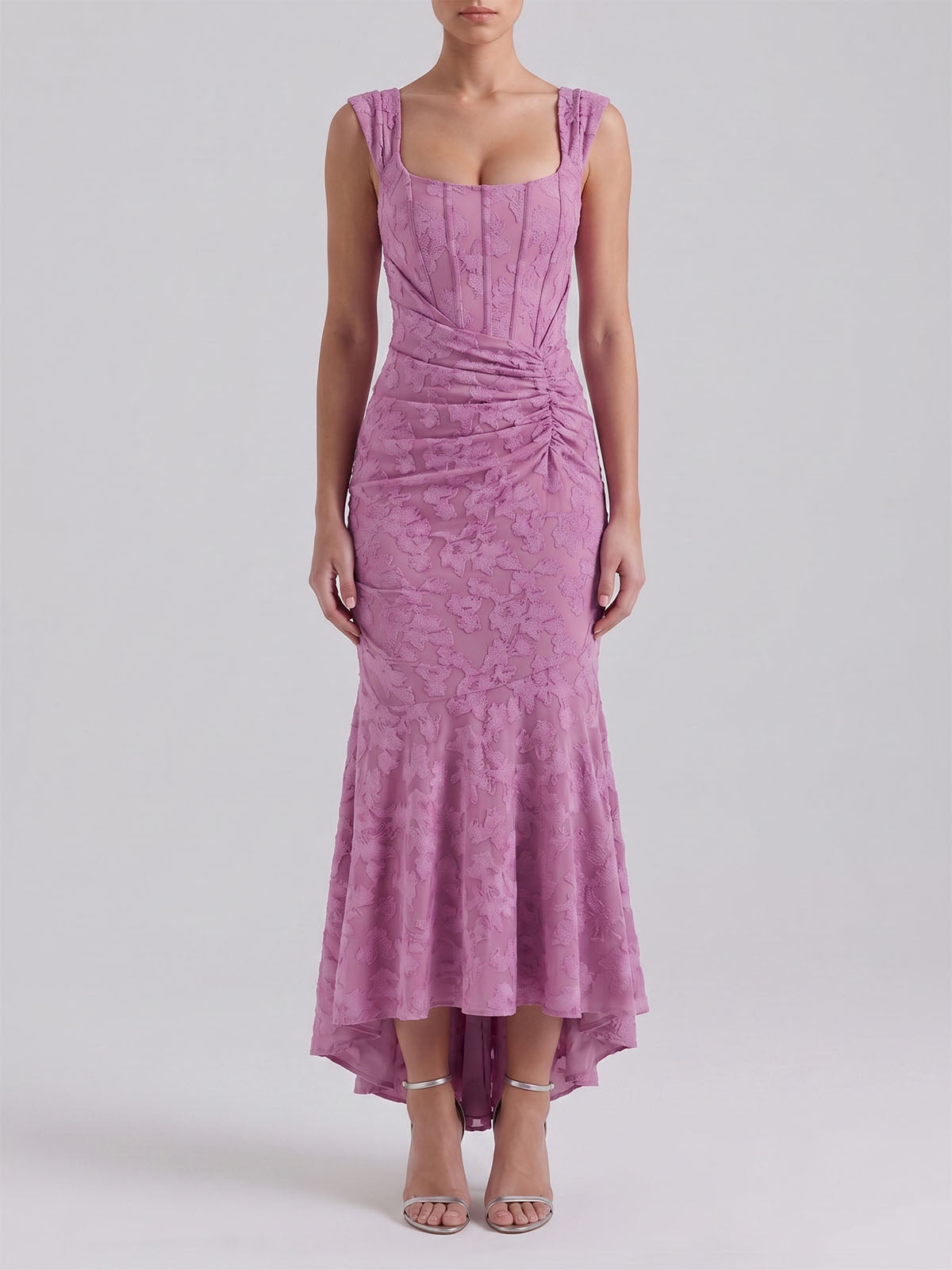 Romantic Sleeveless Corset Ruched Floral Mesh High Low Dress - Mauve
