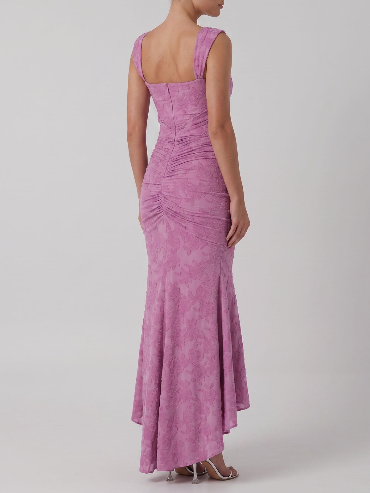 Romantic Sleeveless Corset Ruched Floral Mesh High Low Dress - Mauve