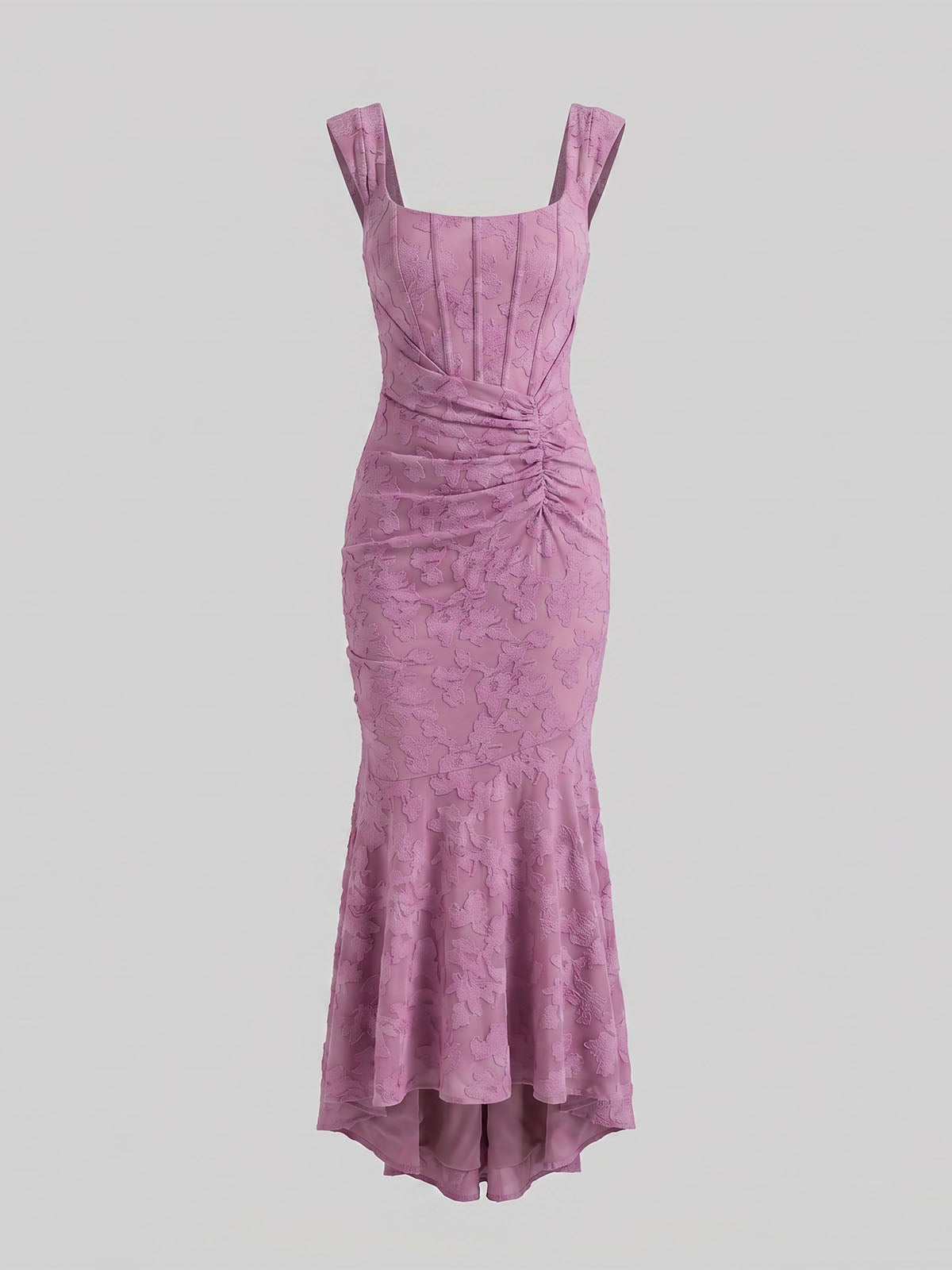 Romantic Sleeveless Corset Ruched Floral Mesh High Low Dress - Mauve