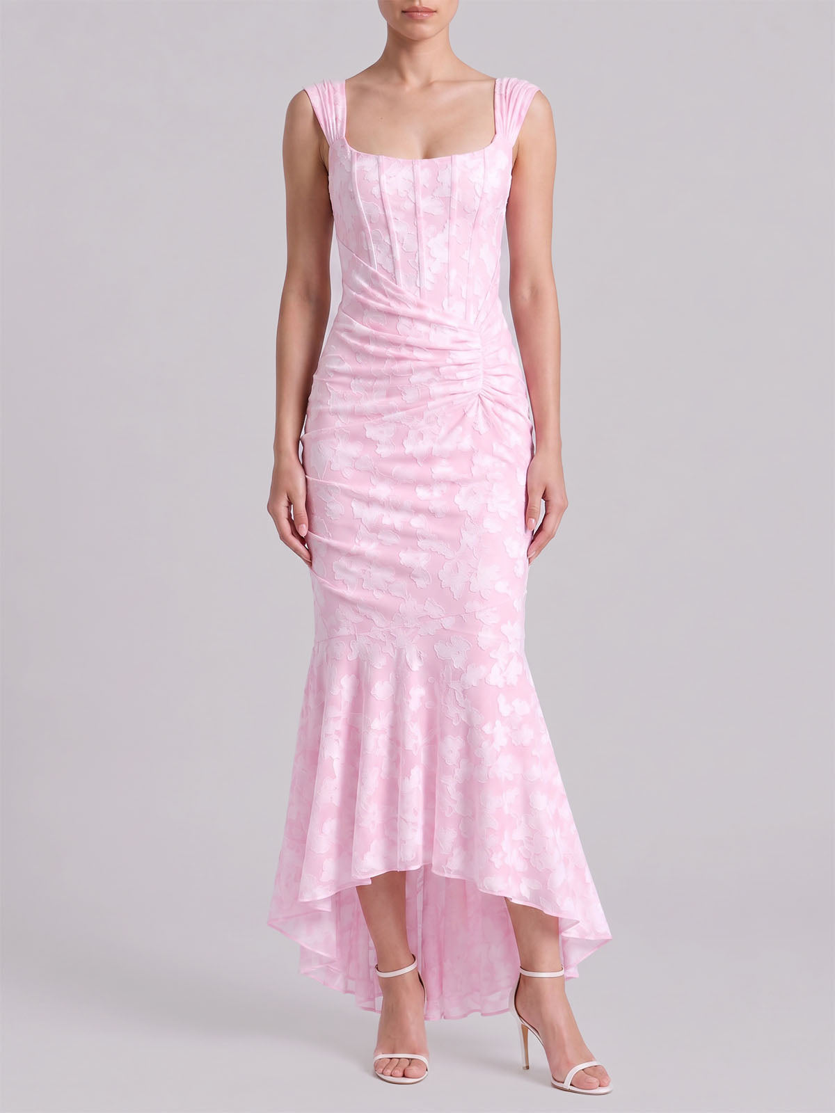 Romantic Sleeveless Corset Ruched Floral Mesh High Low Dress - Pink