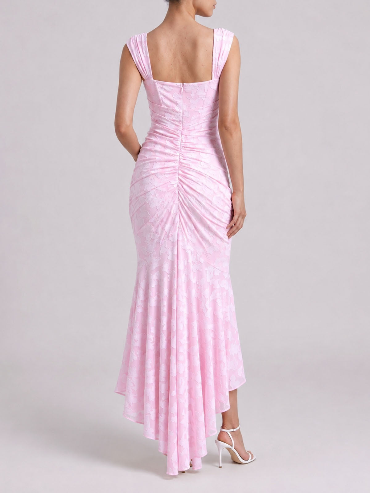 Romantic Sleeveless Corset Ruched Floral Mesh High Low Dress - Pink