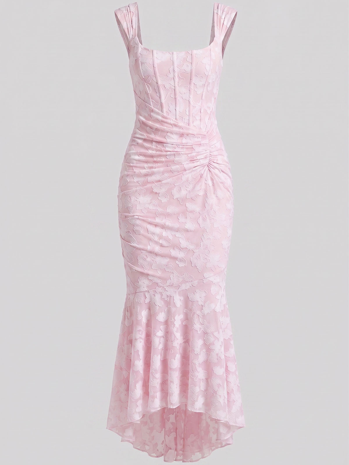 Romantic Sleeveless Corset Ruched Floral Mesh High Low Dress - Pink