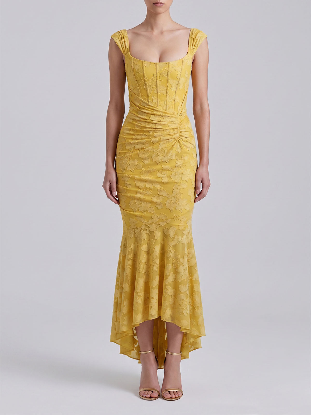 Romantic Sleeveless Corset Ruched Floral Mesh High Low Dress - Yellow