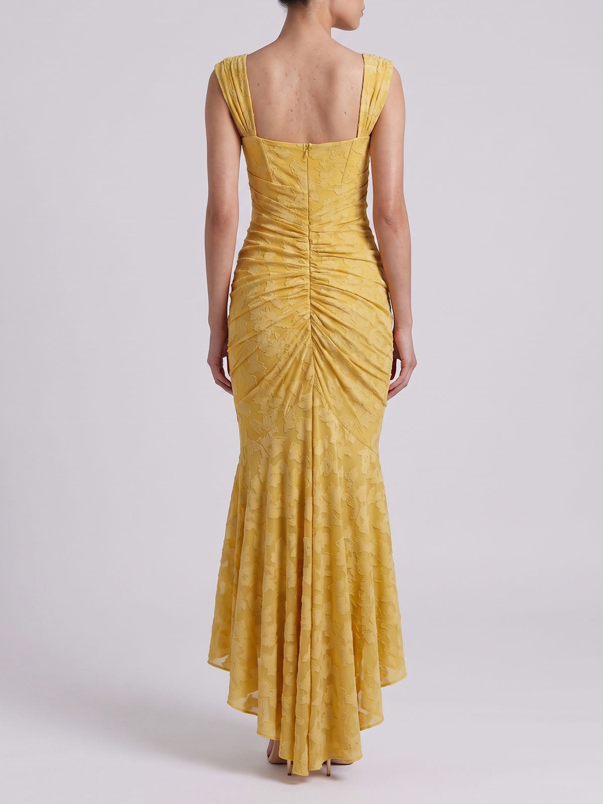 Romantic Sleeveless Corset Ruched Floral Mesh High Low Dress - Yellow