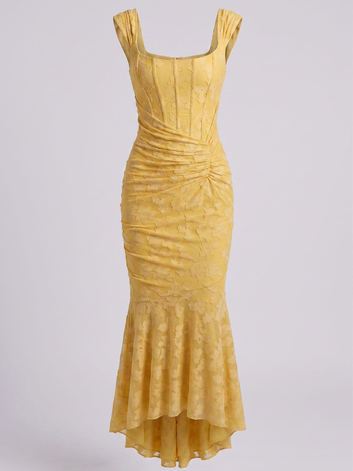 Romantic Sleeveless Corset Ruched Floral Mesh High Low Dress - Yellow
