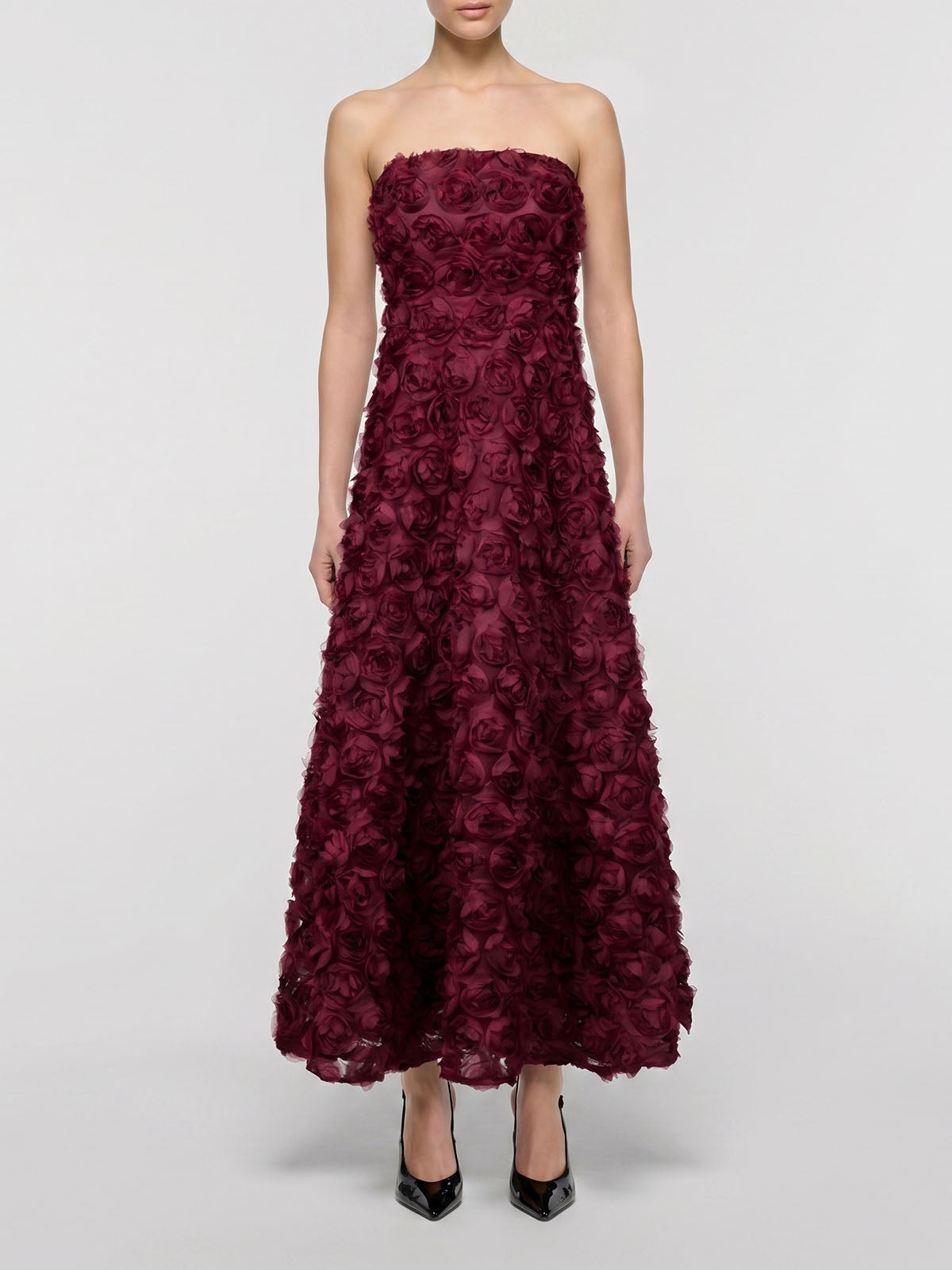 Romantic Strapless A Line 3D Flower Formal Maxi Dress - Burgundy